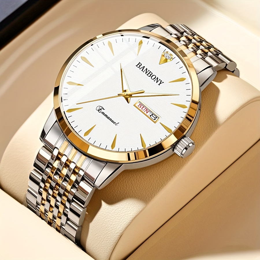 Nieuwe Banbony Unisex Roestvrijstalen Quartz Horloge met Strass-accenten, Waterbestendig IPX7, Strakke HD-wijzerplaat, Datumweergave, Goudkleurige Afwerking - Ideaal voor Vrijetijdskleding, Feestjes en Cadeaus - Afbeelding 10