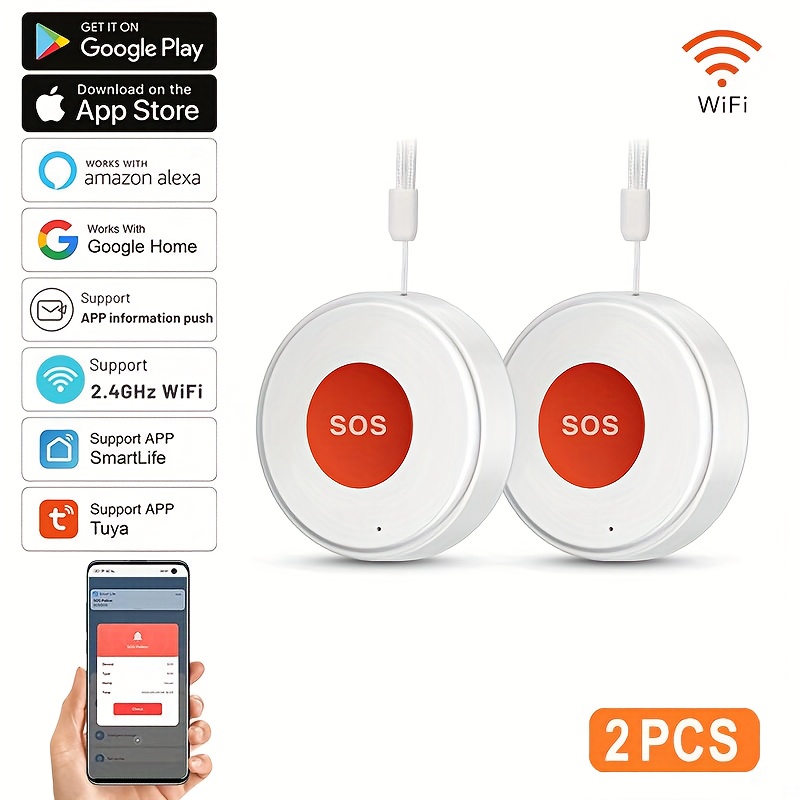 Tuya Intelligente Draadloze Noodknop SOS Medisch Alarm Systeem voor Ouderen, One Click Alarm Pager, 2-Pack - Afbeelding 3
