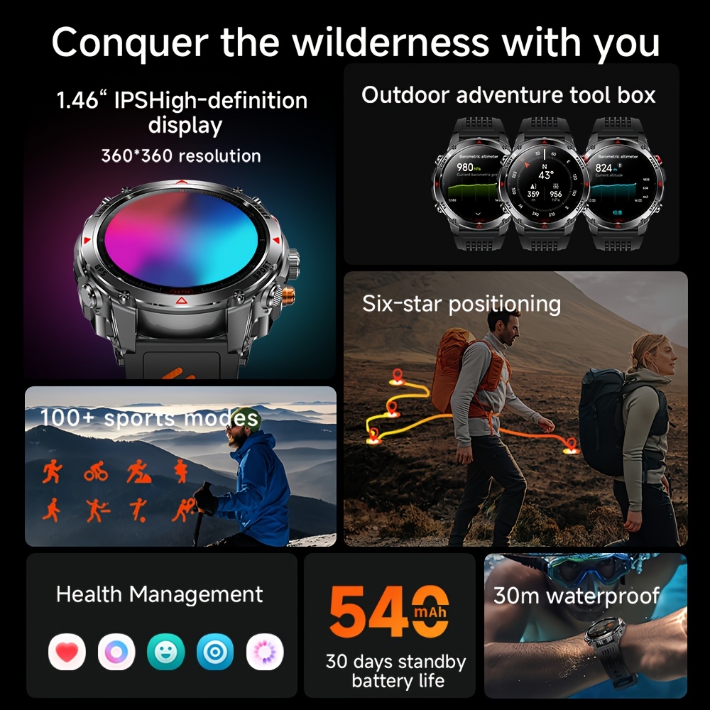 Heren Outdoor Smartwatch, GPS Nauwkeurige Positionering, Ingebouwd Kompas, LED Licht, 3ATM, Ondersteunt 100+ Sportmodi, Draadloze Gesprekken, Multimedia Informatie Weergave, Meerdere Weersmodi, Outdoor Avontuur Smart Armband, Metalen Behuizing Ontwerp - Afbeelding 4