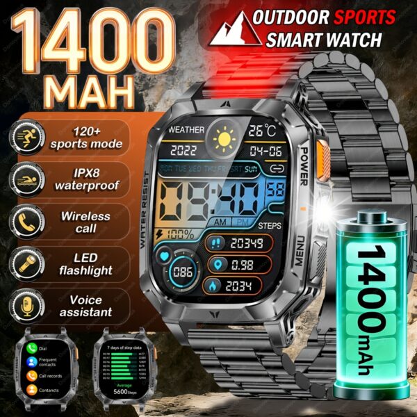 Smartwatch voor heren 2026, 2,01-inch HD-scherm, 1400mAh batterij met grote capaciteit, 120 dagen lange stand-bytijd, buitensporthorloge, draadloos bellen, LED-zaklamp, 200+ wijzerplaatontwerpen, stemassistent, herenhorloge, 120+ sportmodi, horloge voor fitnesstracking, kerst-, halloween-