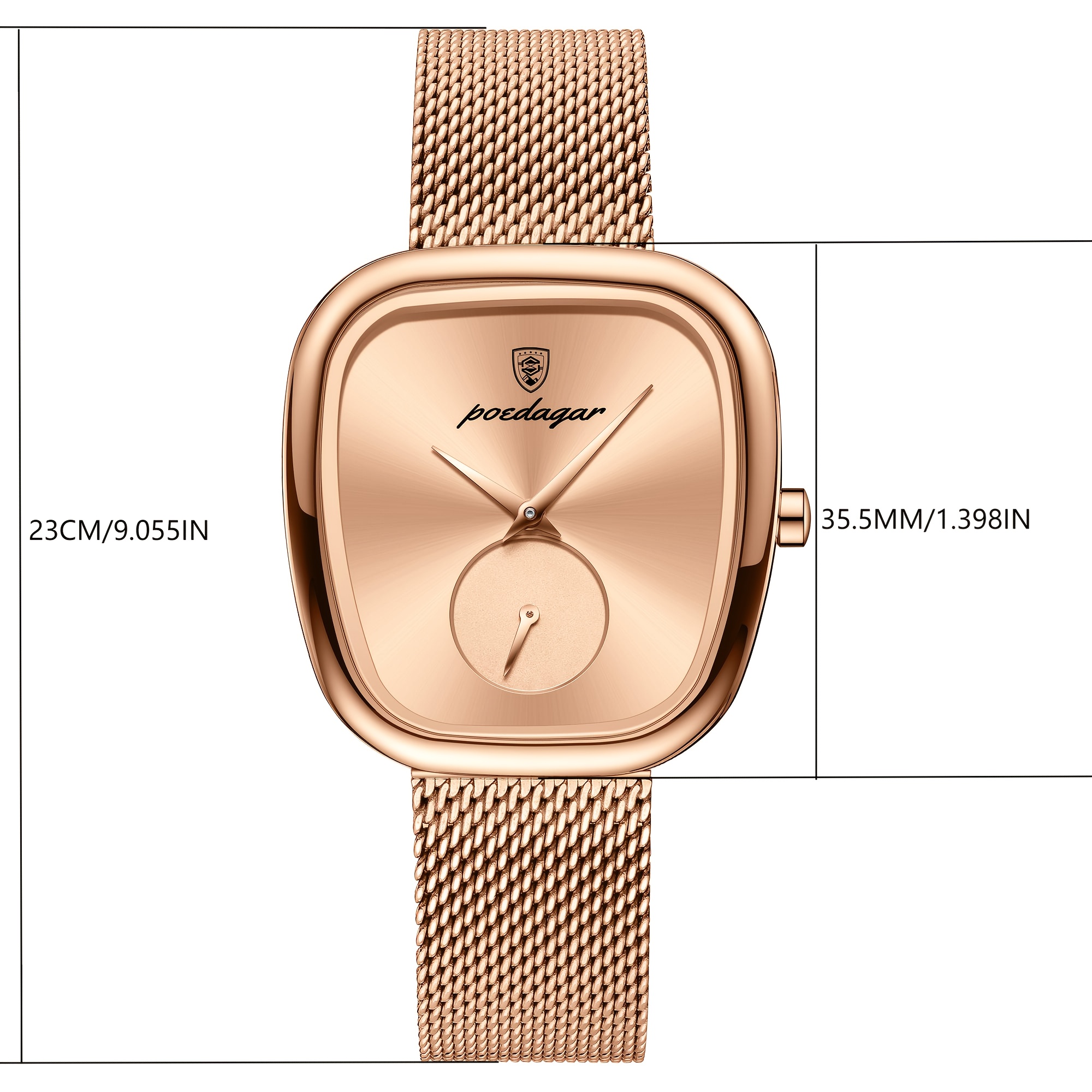 POEDAGAR Elegant Rozen Vierkant Horloge - Waterdicht Roestvrijstalen Mesh Band, Quartz Uurwerk Polshorloge met Zwarte Wijzerplaat & Rozen Wijzers, Geschikt voor Feesten, Casual & Zwemmen, 3ATM Tijdsmeter - Afbeelding 15