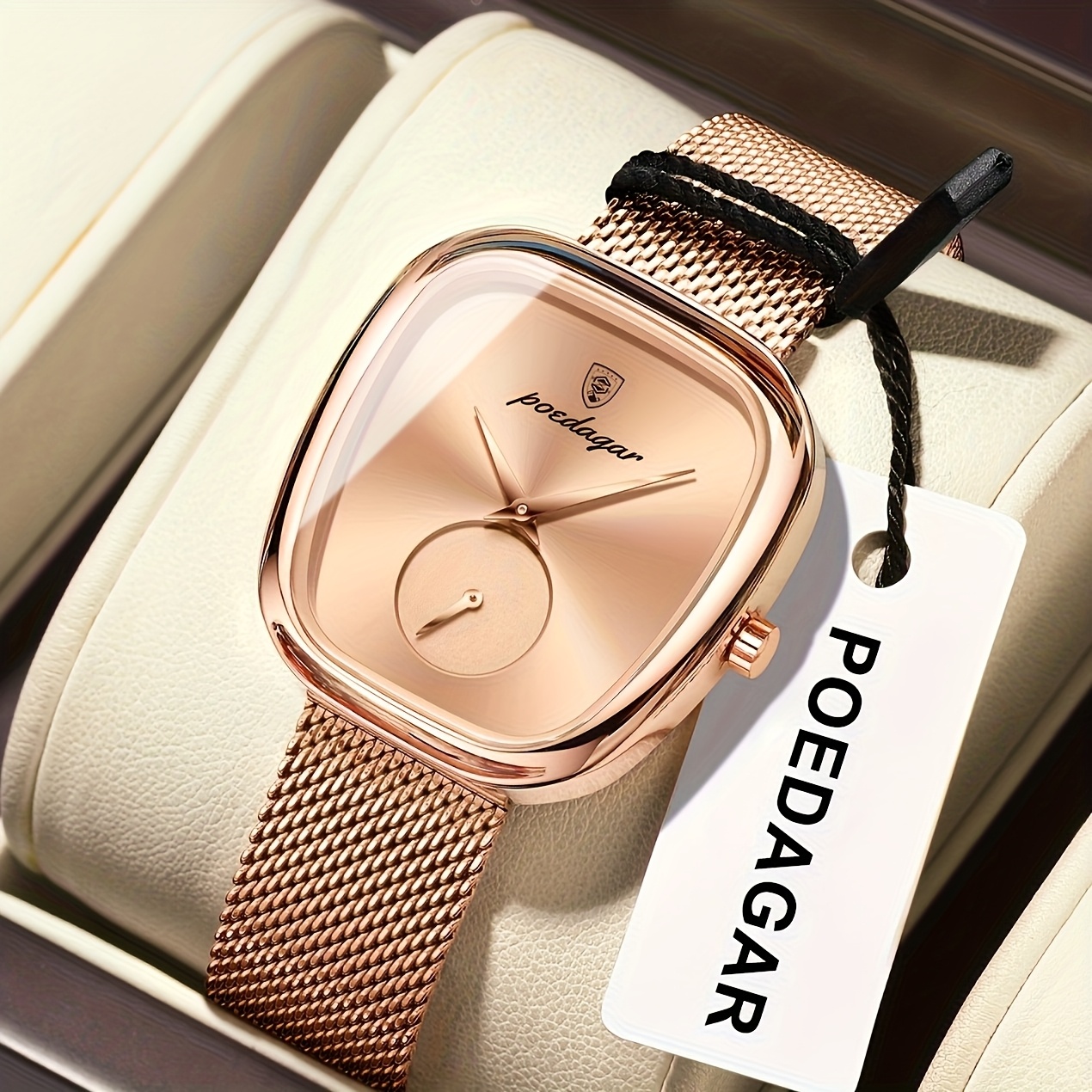POEDAGAR Elegant Rozen Vierkant Horloge - Waterdicht Roestvrijstalen Mesh Band, Quartz Uurwerk Polshorloge met Zwarte Wijzerplaat & Rozen Wijzers, Geschikt voor Feesten, Casual & Zwemmen, 3ATM Tijdsmeter - Afbeelding 11