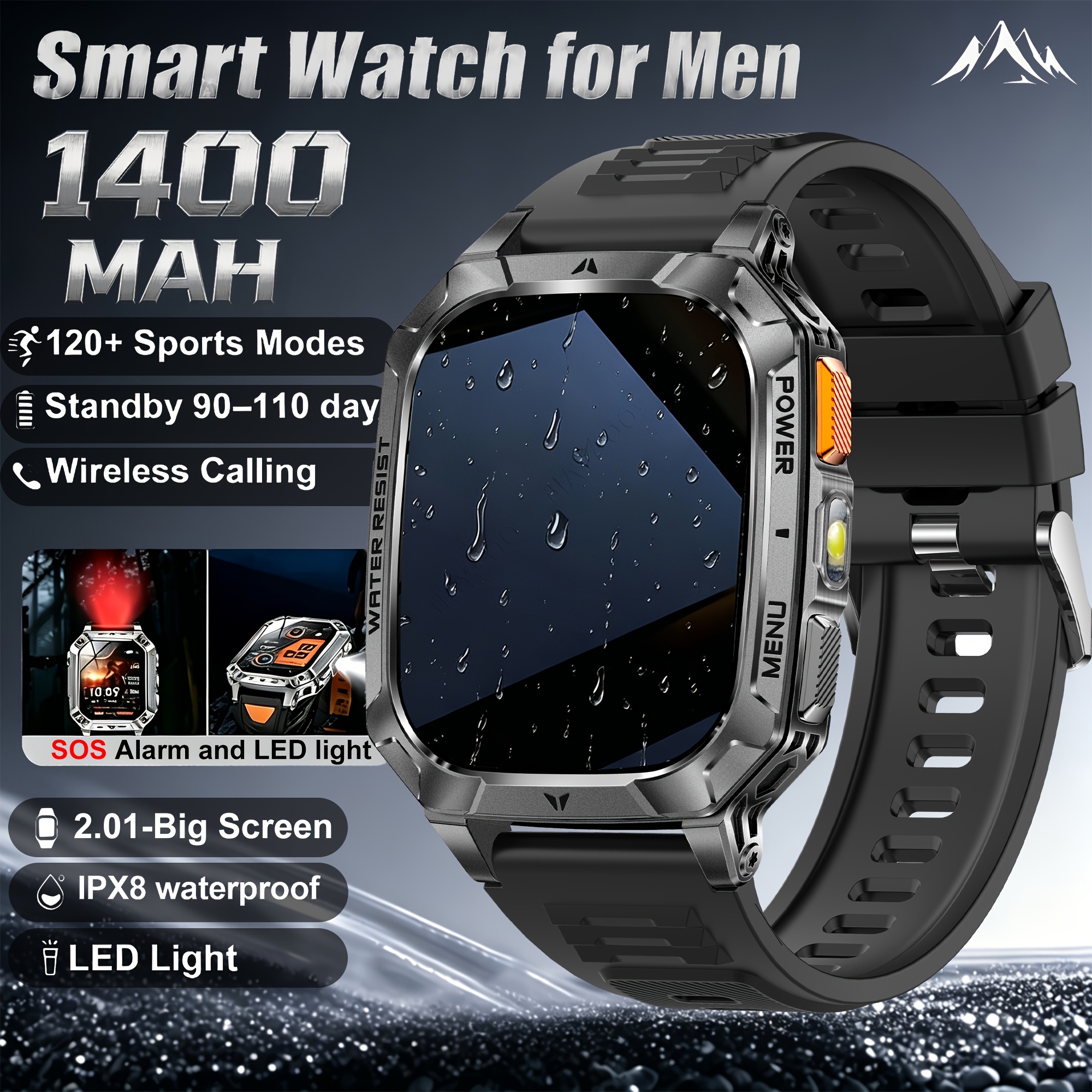 2026 Nieuwe Smartwatch, Ingebouwde 5 stuks Wijzerplaten, Duurzaam, 1400mAh Grote Capaciteit Batterij, Herenhorloge, 100 Dagen Ultra-Lange Standby, 2.01-Inch Full Touch HD Scherm, Heren Sport Fitness Horloge, IPX8 Waterdicht - Afbeelding 3
