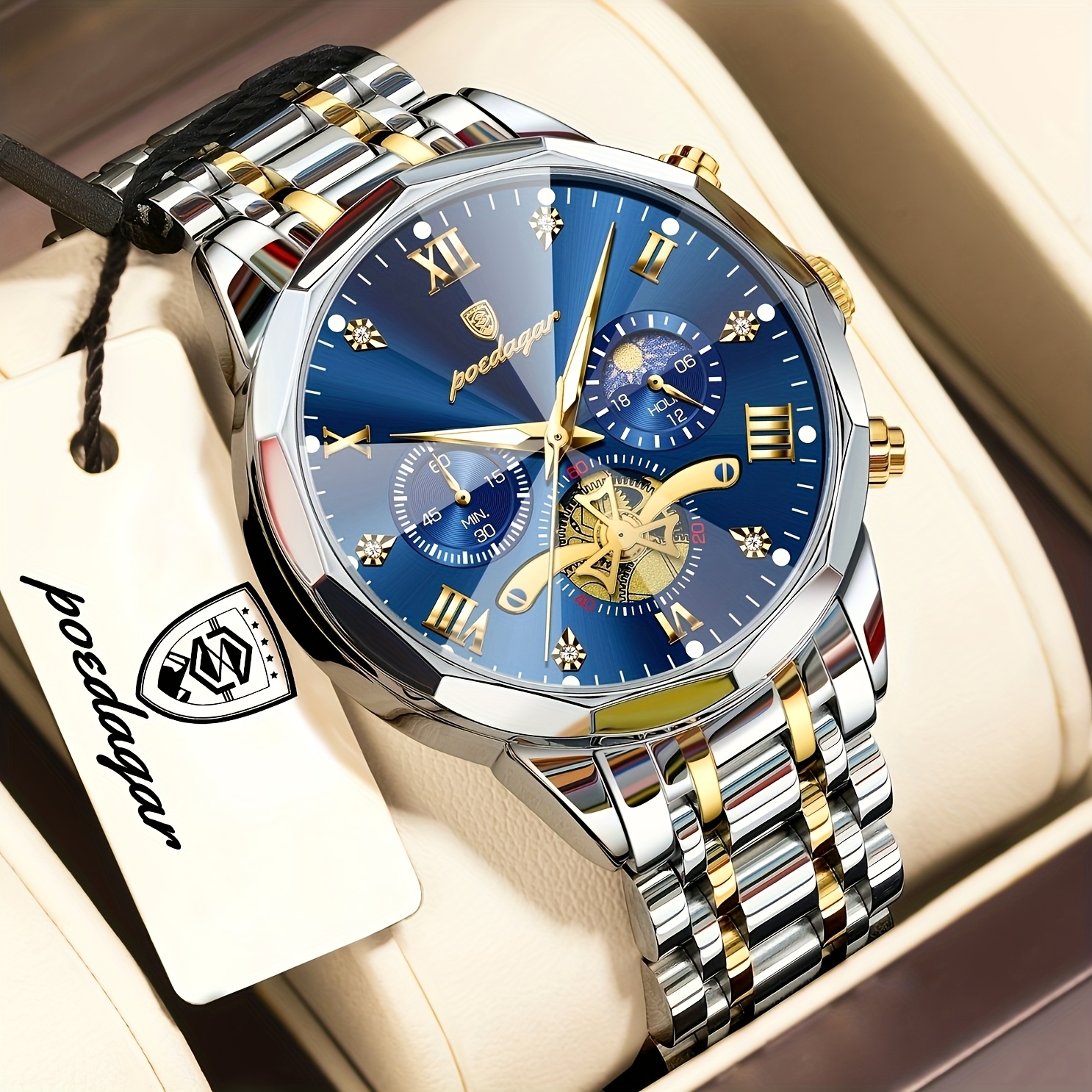 Luxe Stalen Band Herenhorloge Lichtgevend Waterdicht Chronograaf Dag En Nacht Display Heren Polshorloge - Afbeelding 2
