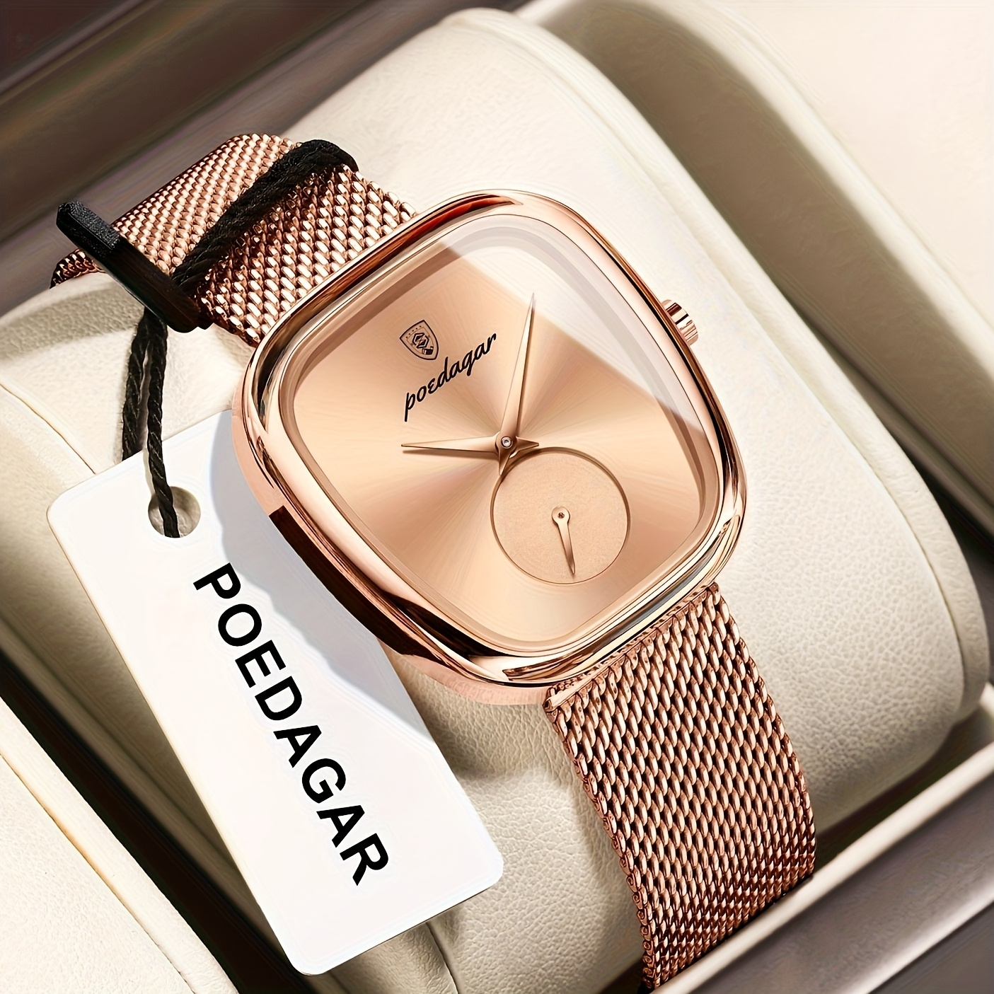 POEDAGAR Elegant Rozen Vierkant Horloge - Waterdicht Roestvrijstalen Mesh Band, Quartz Uurwerk Polshorloge met Zwarte Wijzerplaat & Rozen Wijzers, Geschikt voor Feesten, Casual & Zwemmen, 3ATM Tijdsmeter - Afbeelding 2