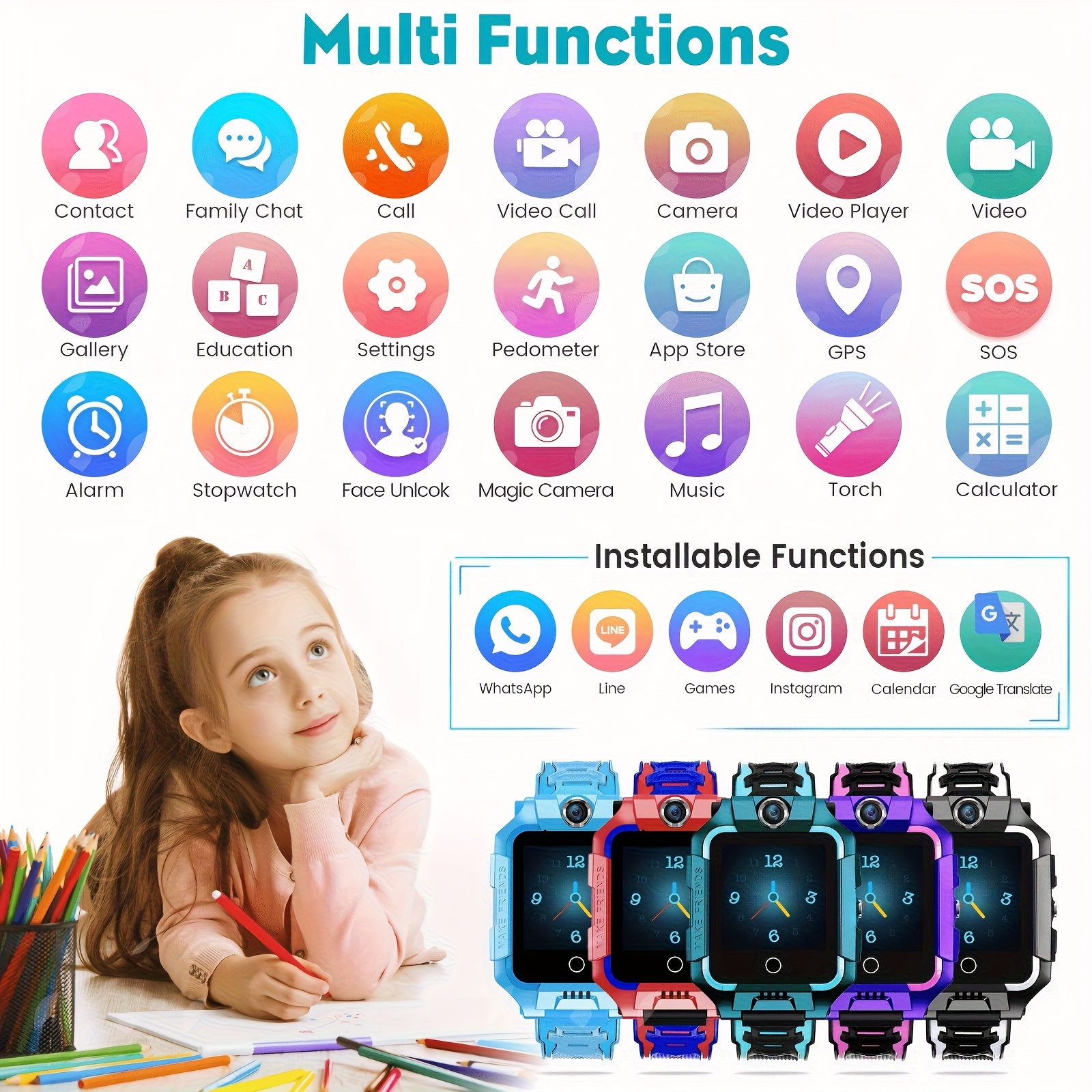 4G(LTE) Elektronisch Smartwatch - Intelligent, 360 Graden Draaibaar Scherm, Spraak- & Videochatmogelijkheden, Gezichtsherkenning, Dubbele Camera's, Foto- & Spraakopname, Muziek- & Videoafspelen, GPS-tracking - Afbeelding 6