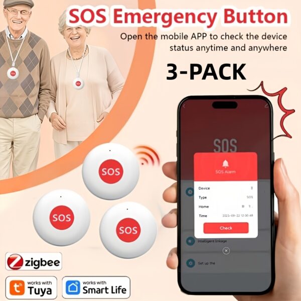 3-Pack Tuya Intelligente Draadloze Noodknop SOS Medisch Alarm Systeem One Click Alarm Pager, Draagbaar Koord Ontwerp, Geen Belasting voor Ouderen om te Dragen, en de Volledige Geschiedenis van Bellen voor Hulp Kan Worden Gecontroleerd, Werkt op Batterijen