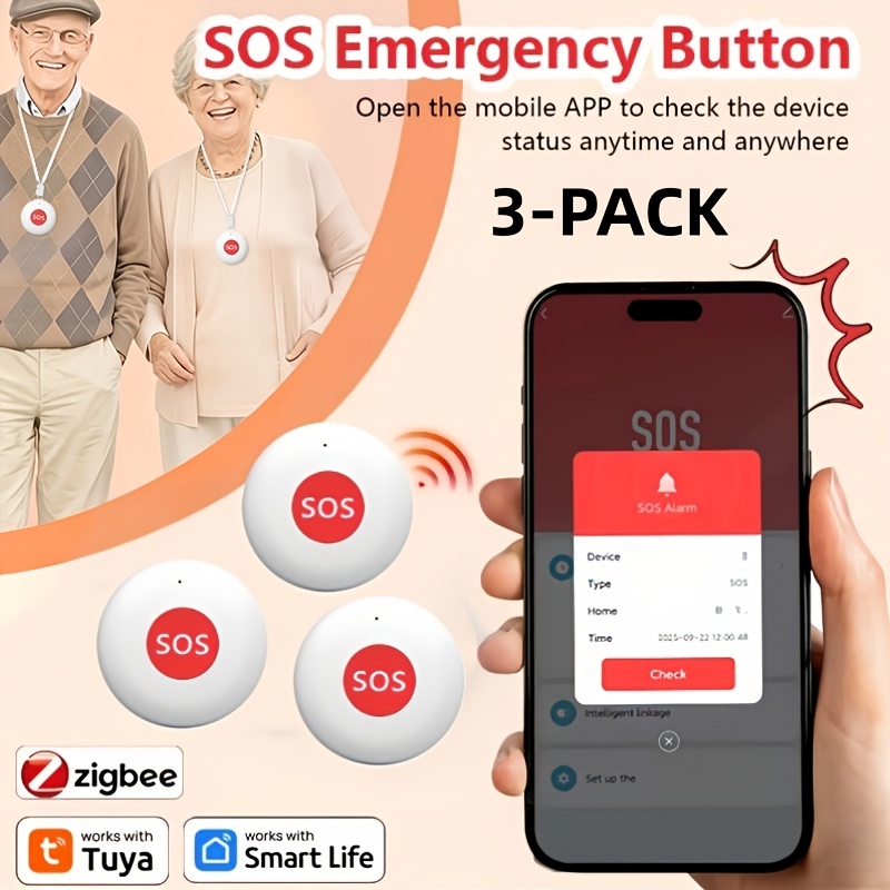 3-Pack Tuya Intelligente Draadloze Noodknop SOS Medisch Alarm Systeem One Click Alarm Pager, Draagbaar Koord Ontwerp, Geen Belasting voor Ouderen om te Dragen, en de Volledige Geschiedenis van Bellen voor Hulp Kan Worden Gecontroleerd, Werkt op Batterijen
