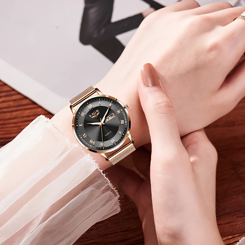 LIGE Dames Elegant Roestvrij Quartz Analoog Horloge met Datumkalender, Quartz Polshorloge Geschikt voor Dagelijks Gebruik - Tijdsmeter, Valentijnscadeau voor Vrouwen & Mannen (Merk) - Afbeelding 8
