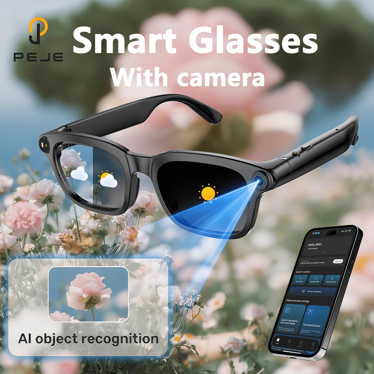 PEJE Slimme Bril met 800W Camera Compatibel voor Realtime Vertaling, AI Spraakassistent, Draadloos Bellen/Simultaan Tolken, Draadloos 5.4, Groot Geheugen, Spraak- & Ruisonderdrukking voor Reizen, Vloggen, Cadeaus - Afbeelding 6