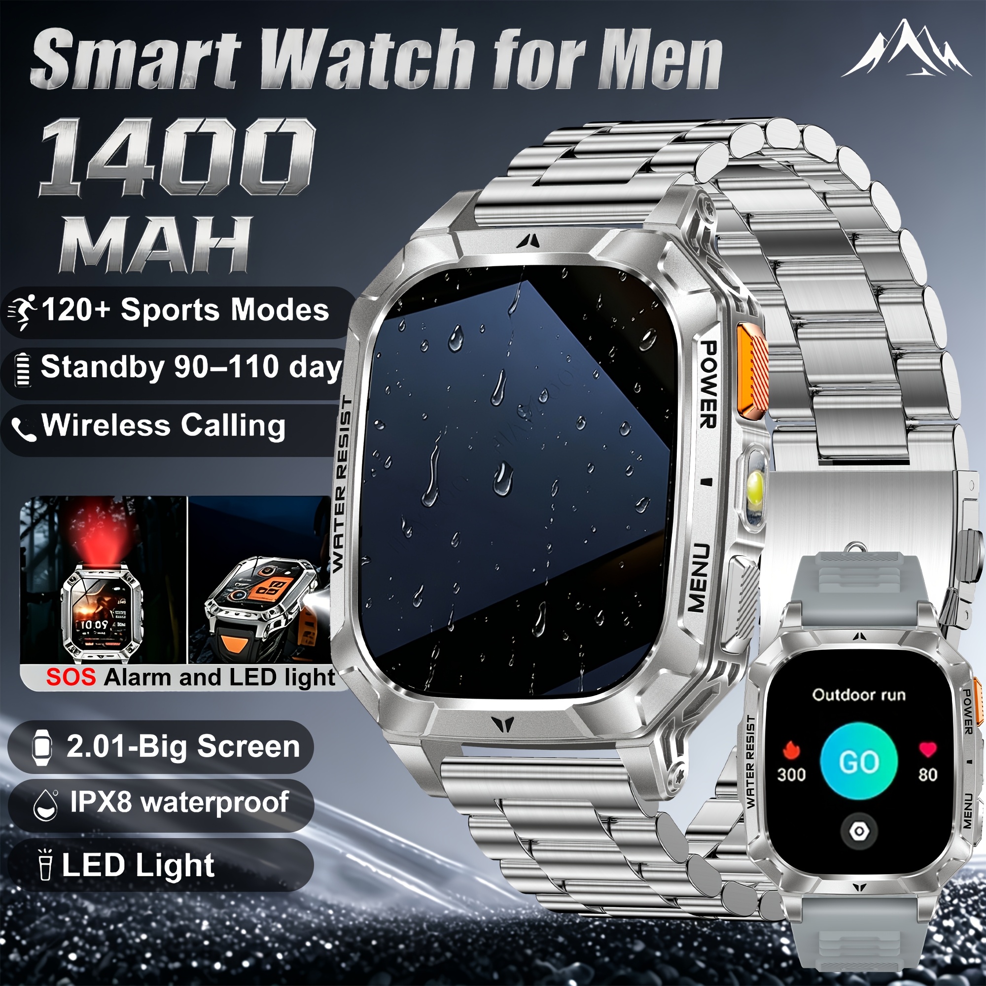 2026 Nieuwe Smartwatch, Ingebouwde 5 stuks Wijzerplaten, Duurzaam, 1400mAh Grote Capaciteit Batterij, Herenhorloge, 100 Dagen Ultra-Lange Standby, 2.01-Inch Full Touch HD Scherm, Heren Sport Fitness Horloge, IPX8 Waterdicht - Afbeelding 8