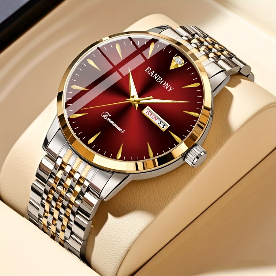 Nieuwe Banbony Unisex Roestvrijstalen Quartz Horloge met Strass-accenten, Waterbestendig IPX7, Strakke HD-wijzerplaat, Datumweergave, Goudkleurige Afwerking - Ideaal voor Vrijetijdskleding, Feestjes en Cadeaus - Afbeelding 4