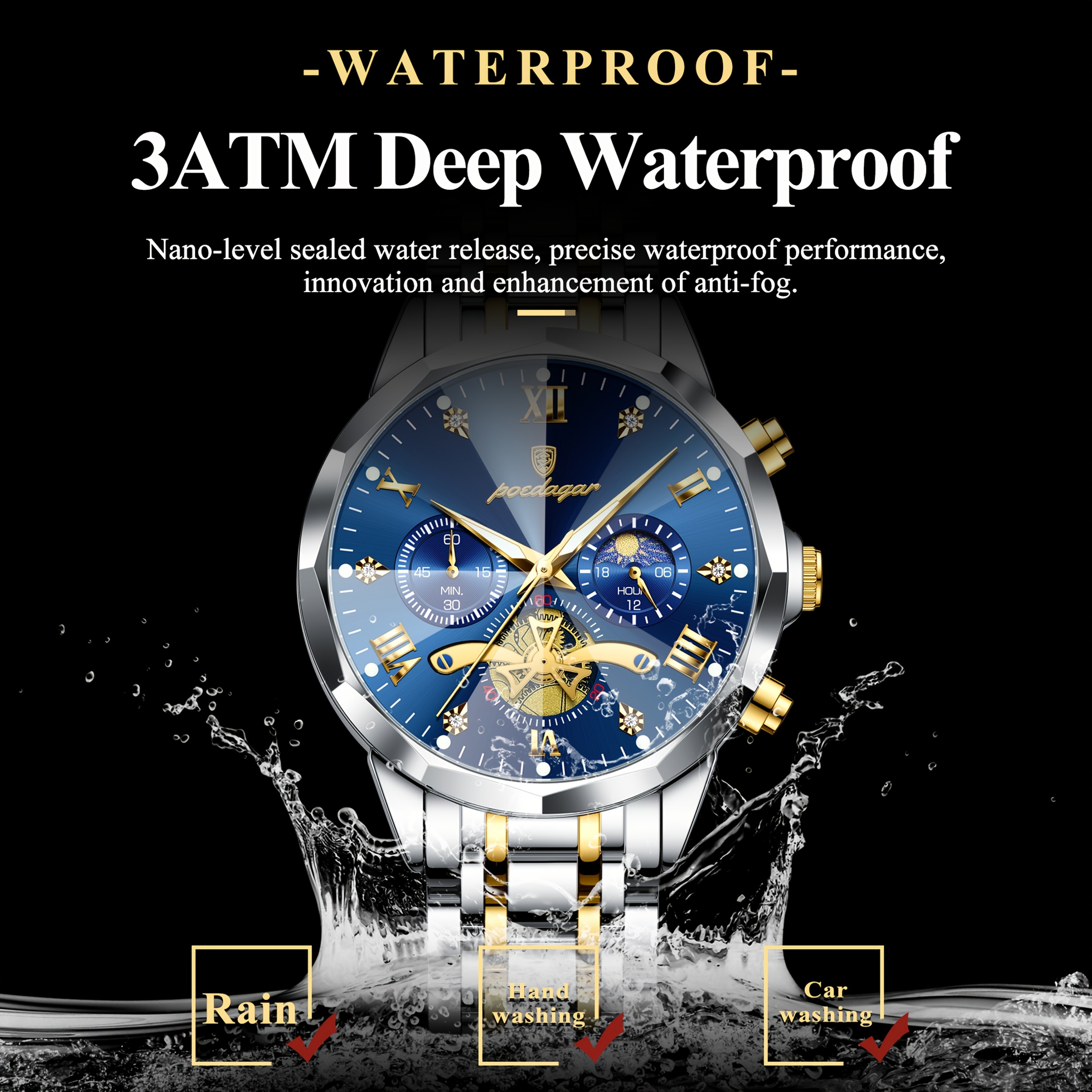 Luxe Stalen Band Herenhorloge Lichtgevend Waterdicht Chronograaf Dag En Nacht Display Heren Polshorloge - Afbeelding 3