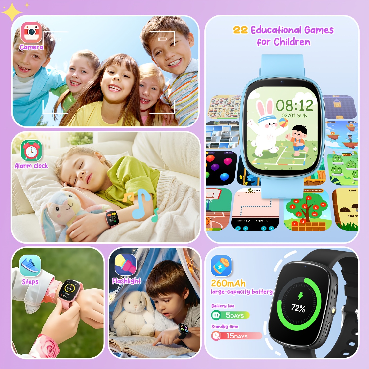 Kinder Smartwatch met 22 Spelletjes, Ingebouwde Zaklamp, Camera & Fotoalbum, 260mAh Oplaadbare Batterij, Kalenderfunctie, Meest Populaire Smartwatch voor Kinderen, Jongens & Meisjes, Lieve Speelkameraad voor Kinderen, Grappig Educatief Polshorloge, Geweldig Cadeau voor Kinderverjaardag & Feestdagen - Afbeelding 6