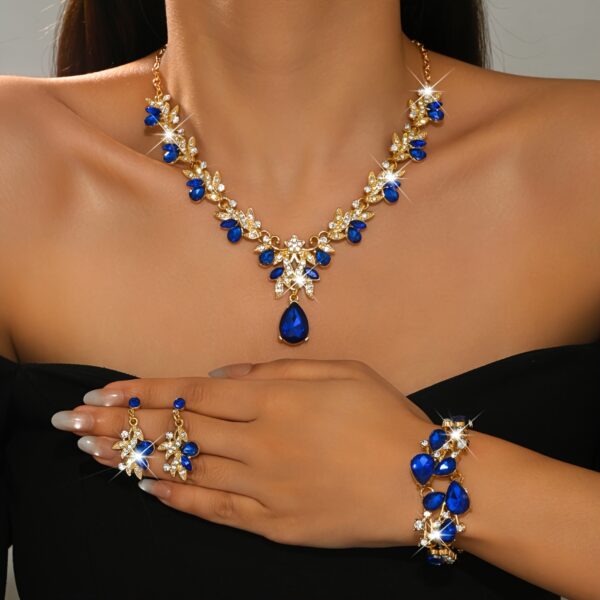 Luxe Blauwe Sieraden Driestuks Set: Traanvormige Hanger Ketting + Armband + Oorbellen, Dames Feestaccessoires