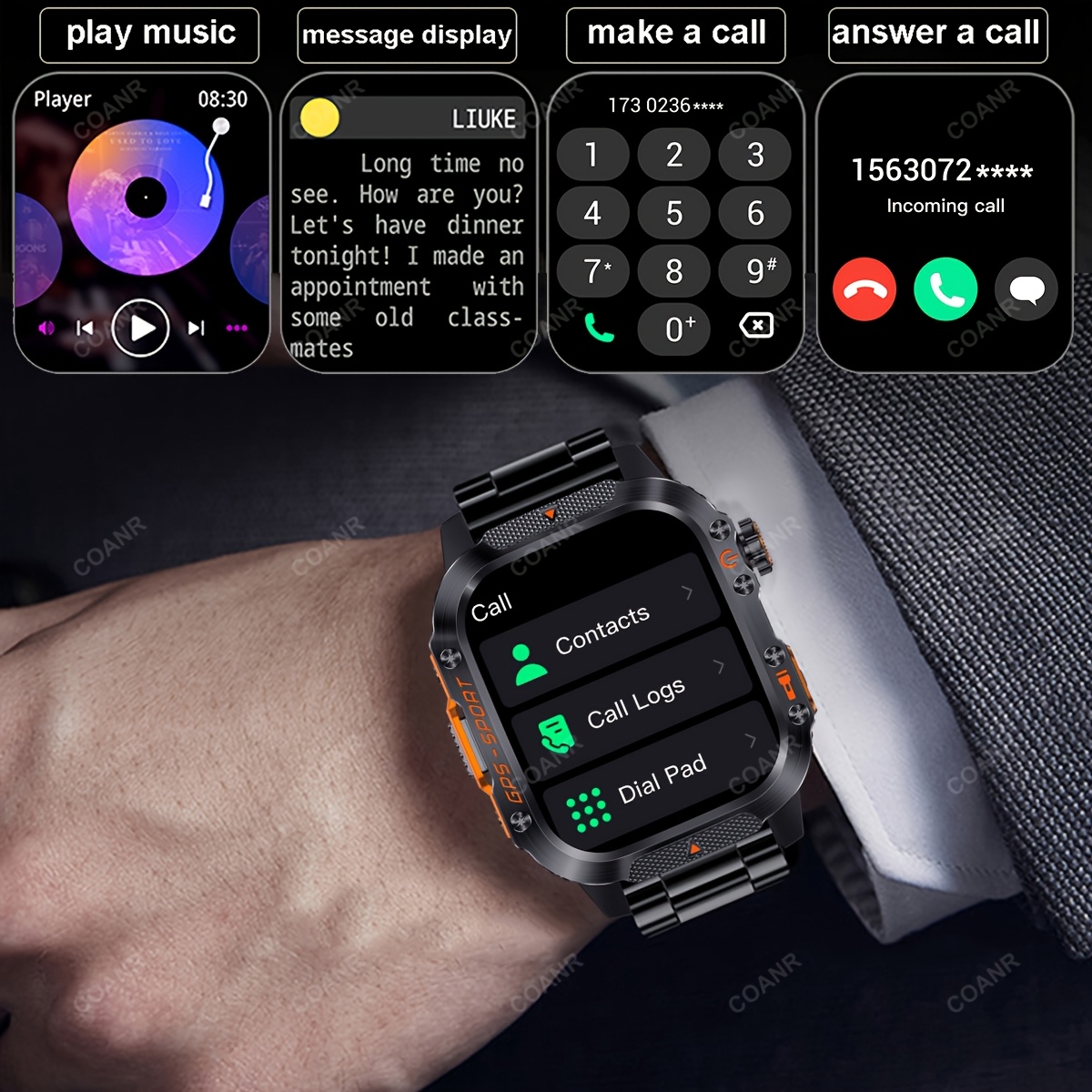 GPS Outdoor Sport Smartwatch met Draadloos Bellen, 540mAh Grote Batterij, 2.01-Inch Scherm, 100+ Sportmodi, Kompas, Weersvoorspelling, Bericht Herinnering, Preferred Square GPS Horloge, Ondersteunt iPhone/Android - Afbeelding 12