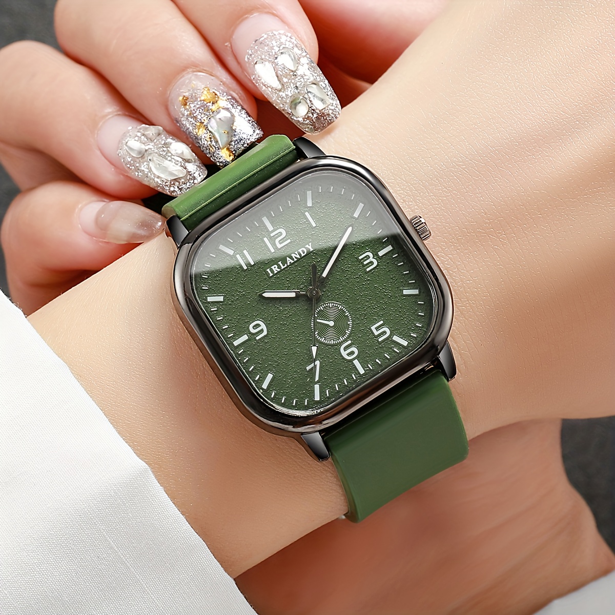 1 stuks Elegante Groene & Quartz Dameshorloge met Vierkant Horlogekast & Siliconen Band - Minimalistische Wijzerplaat, Wijzers & Groene Accenten, Niet-Oplaadbare Batterij, Stijlvolle Casual & Formele Polshorloge Voor Alledaagse Speciale Gelegenheden, horloges dames, dames horloge - Afbeelding 4