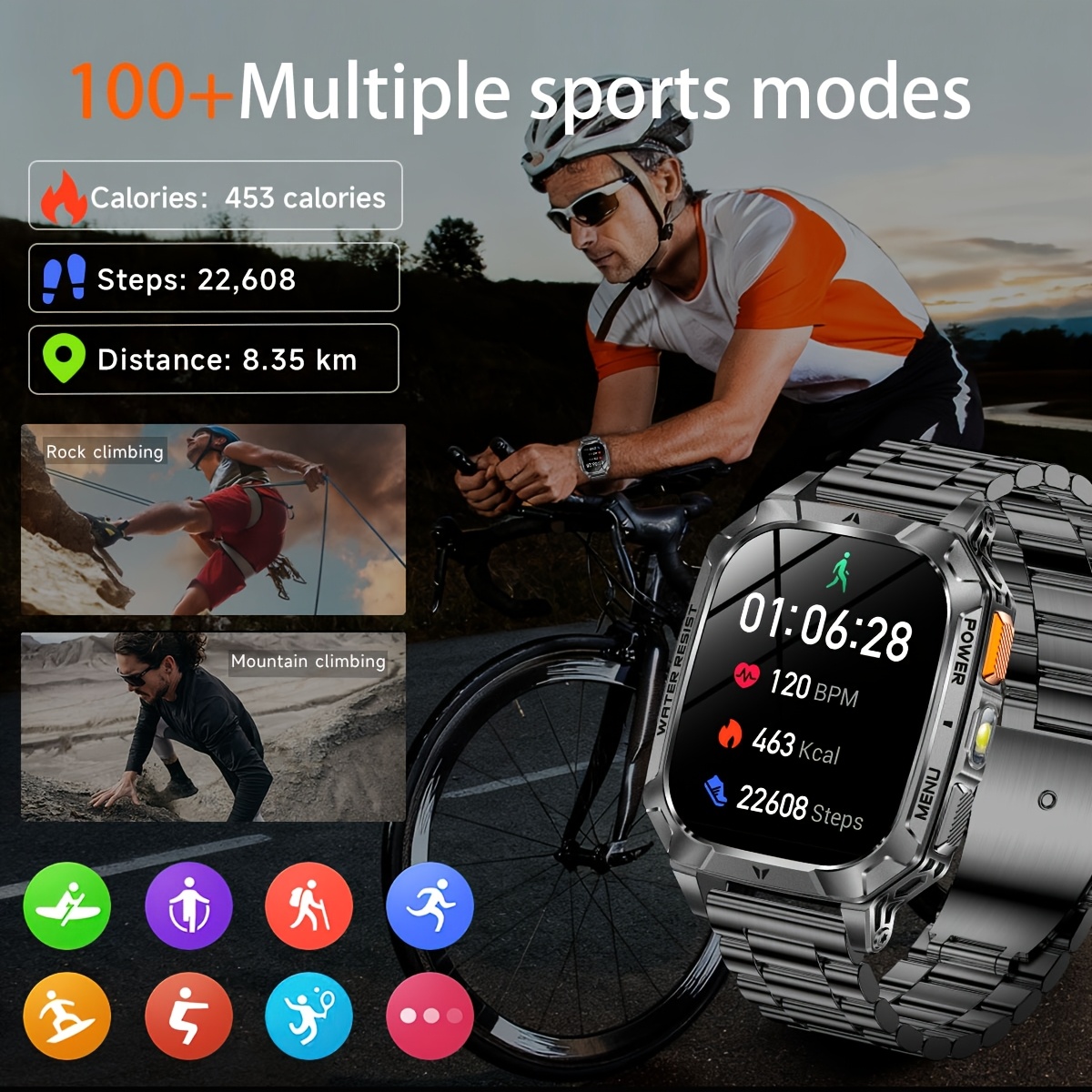 Heren Sport Smartwatch met 1400mAh Batterij & 120 Dagen Standby, 5.11cm Full-Touch HD Scherm, Dual-Color SOS LED Zaklamp (Rood+Wit), 120+ Sportmodi, IPX8 Waterdicht, Cadeau voor Hem - Afbeelding 4