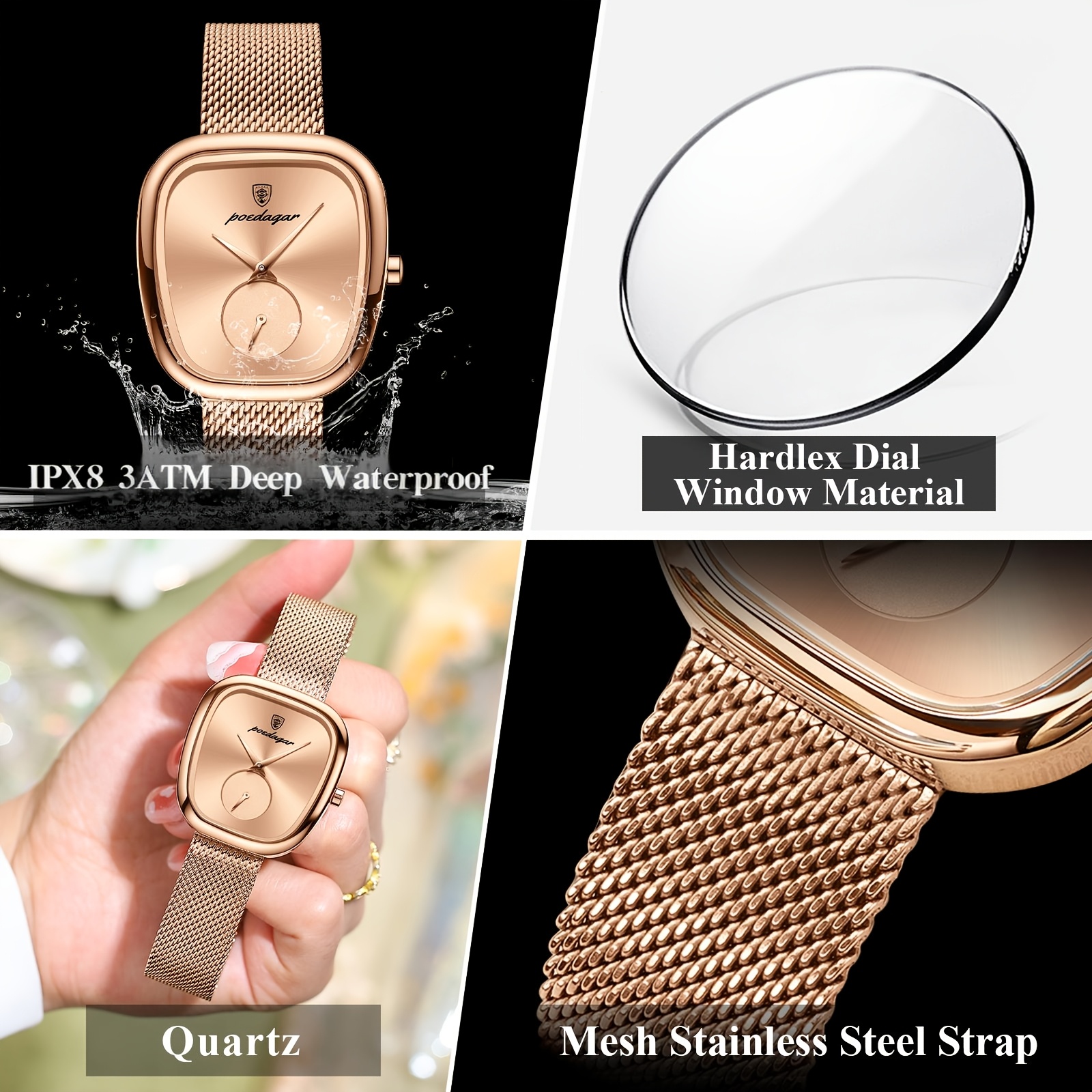 POEDAGAR Elegant Rozen Vierkant Horloge - Waterdicht Roestvrijstalen Mesh Band, Quartz Uurwerk Polshorloge met Zwarte Wijzerplaat & Rozen Wijzers, Geschikt voor Feesten, Casual & Zwemmen, 3ATM Tijdsmeter - Afbeelding 5