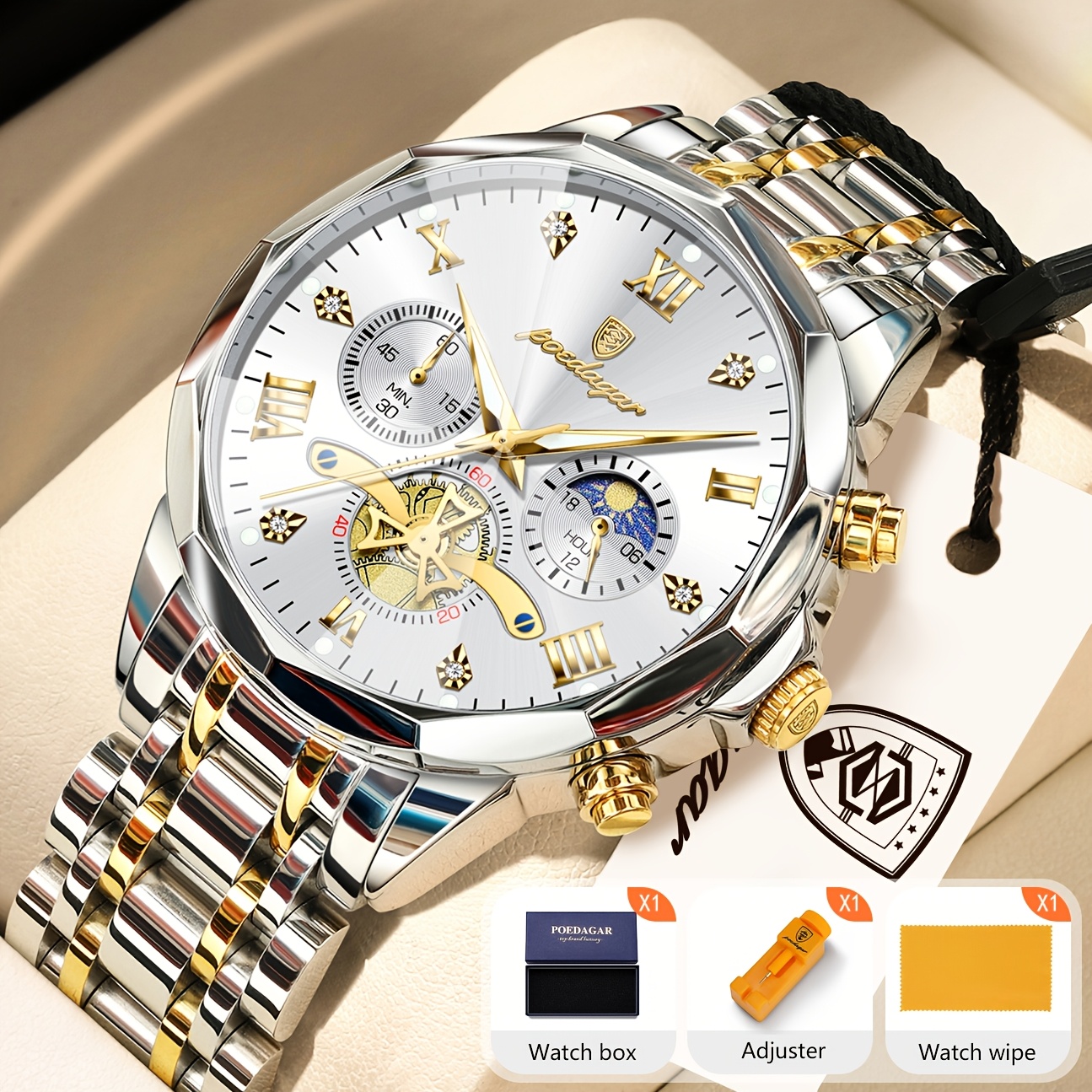Luxe Stalen Band Herenhorloge Lichtgevend Waterdicht Chronograaf Dag En Nacht Display Heren Polshorloge - Afbeelding 6