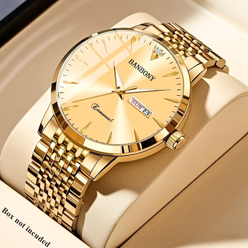 Nieuwe Banbony Unisex Roestvrijstalen Quartz Horloge met Strass-accenten, Waterbestendig IPX7, Strakke HD-wijzerplaat, Datumweergave, Goudkleurige Afwerking - Ideaal voor Vrijetijdskleding, Feestjes en Cadeaus - Afbeelding 17