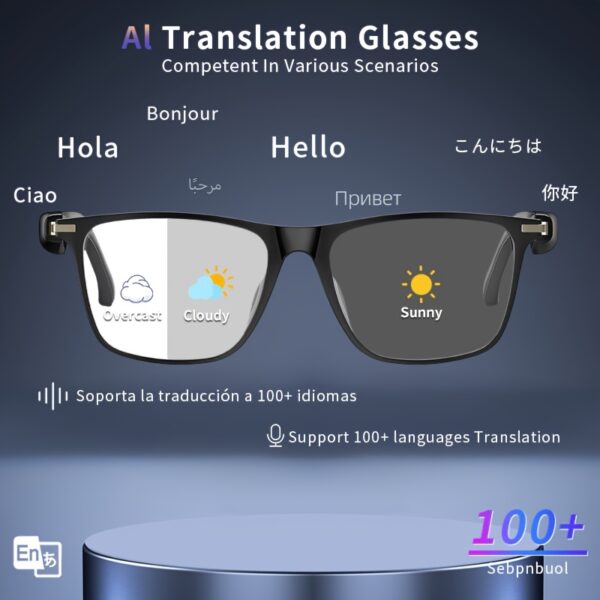 AI Smart Bril, 100+ Talen Real-Time Vertaling, Ingebouwde ChatGPT, Audio Bril met Microfoon & Speaker, HD Handsfree Bellen, Hi-Fi Muziek, Fotochrome Lenzen, Lichtgewicht Frame voor Autorijden, Dagelijks & Kantoor, Perfect Cadeau voor de Feestdagen & Valentijnsdag