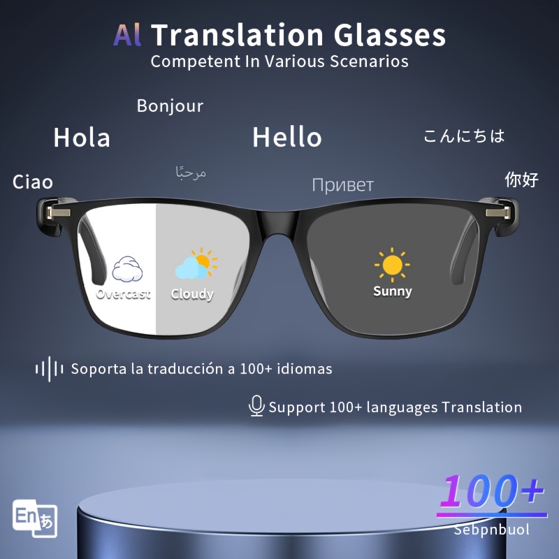 AI Smart Bril, 100+ Talen Real-Time Vertaling, Ingebouwde ChatGPT, Audio Bril met Microfoon & Speaker, HD Handsfree Bellen, Hi-Fi Muziek, Fotochrome Lenzen, Lichtgewicht Frame voor Autorijden, Dagelijks & Kantoor, Perfect Cadeau voor de Feestdagen & Valentijnsdag