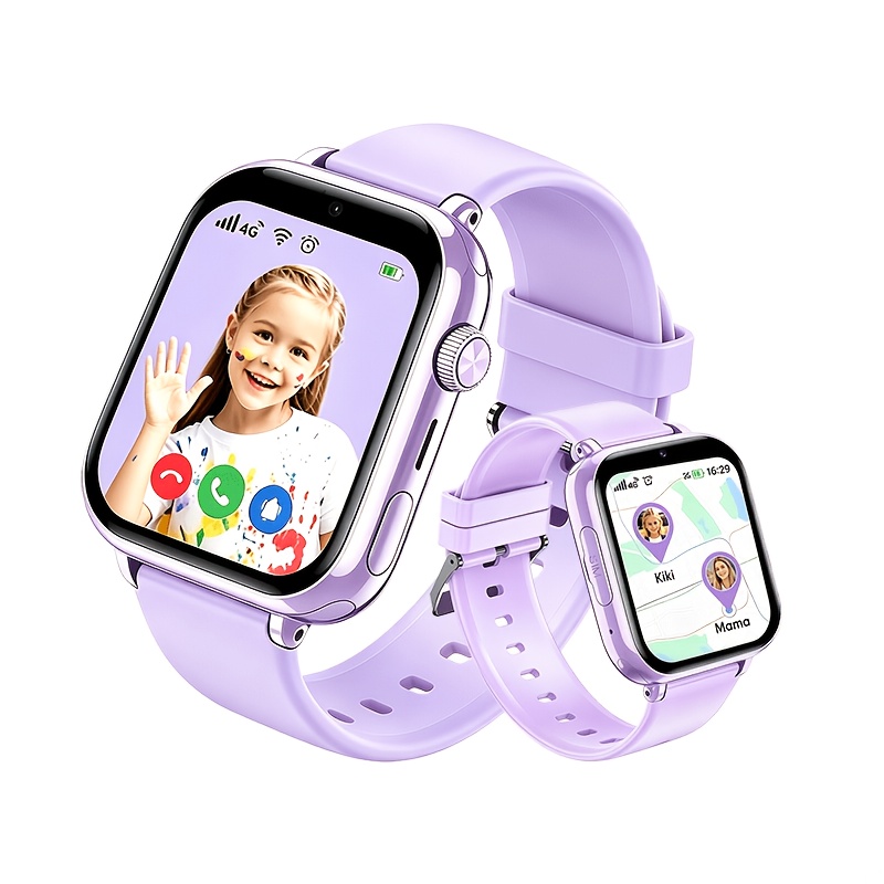 Kinder Smartwatch 4G Smartwatch LTE, GPS-tracker, Videogesprek, SOS-knop, Spraakchat, Schoolmodus, Stappenteller, Wekker, Spelletjes, Roze, Paars, Blauw, Zwart, Cadeau voor Meisjes Jongens