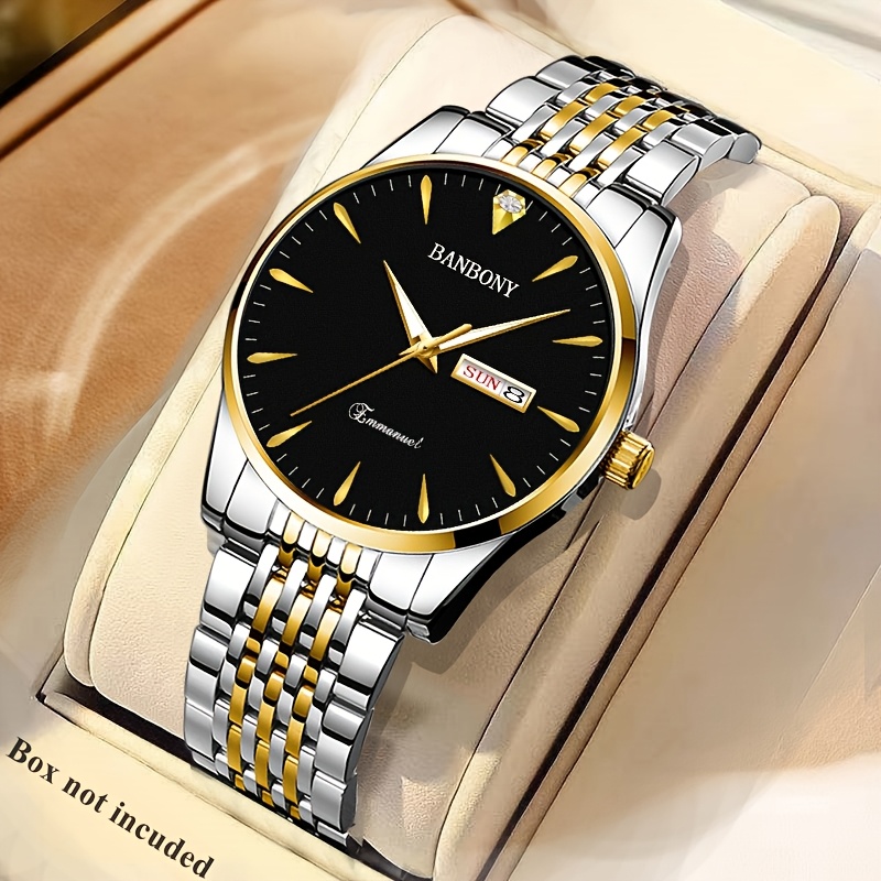 Nieuwe Banbony Unisex Roestvrijstalen Quartz Horloge met Strass-accenten, Waterbestendig IPX7, Strakke HD-wijzerplaat, Datumweergave, Goudkleurige Afwerking - Ideaal voor Vrijetijdskleding, Feestjes en Cadeaus - Afbeelding 22