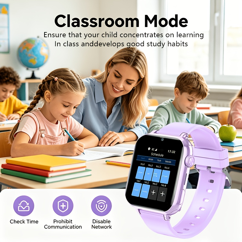 Kinder Smartwatch 4G Smartwatch LTE, GPS-tracker, Videogesprek, SOS-knop, Spraakchat, Schoolmodus, Stappenteller, Wekker, Spelletjes, Roze, Paars, Blauw, Zwart, Cadeau voor Meisjes Jongens - Afbeelding 9