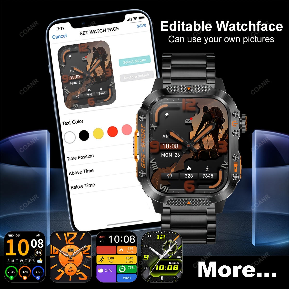 GPS Outdoor Sport Smartwatch met Draadloos Bellen, 540mAh Grote Batterij, 2.01-Inch Scherm, 100+ Sportmodi, Kompas, Weersvoorspelling, Bericht Herinnering, Preferred Square GPS Horloge, Ondersteunt iPhone/Android - Afbeelding 7