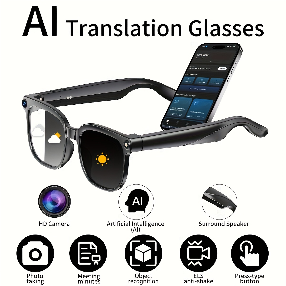 PEJE AI Slimme Bril met Camera, Gafas 1080P HD Video-opnamebril, AI-assistent (ChatGPT/Doubao), Realtime Vertaling, Audio-opname Slimme Bril met Kleurveranderende Lenzen voor Reizen, Sport, Buitengebruik Valentijnsdagcadeau - Afbeelding 5