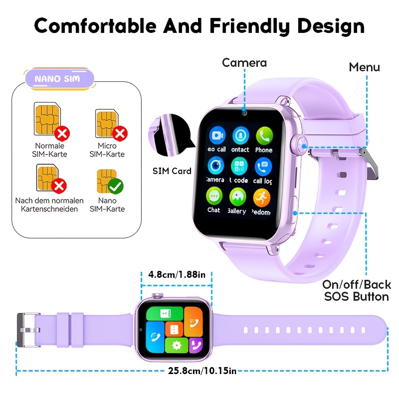 Kinder Smartwatch 4G Smartwatch LTE, GPS-tracker, Videogesprek, SOS-knop, Spraakchat, Schoolmodus, Stappenteller, Wekker, Spelletjes, Roze, Paars, Blauw, Zwart, Cadeau voor Meisjes Jongens - Afbeelding 2