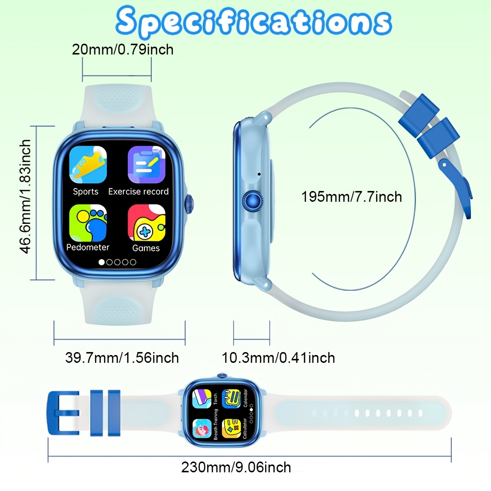 Kinderen Blauwe Smartwatch met 4,65 cm 240*284 Pixels IPS Scherm, Rekenmachine, Lokale Muziekspeler, MP3 Speler, LED Zaklamp & Spellen, Wekker, Aftimer, Stopwatch, JL7013A6, 300mAh Batterij, Siliconen Band, Fitness Tracker, Leerapparaat voor Jongens & Meisjes, Perfect Cadeau voor de Feestdagen - Afbeelding 2