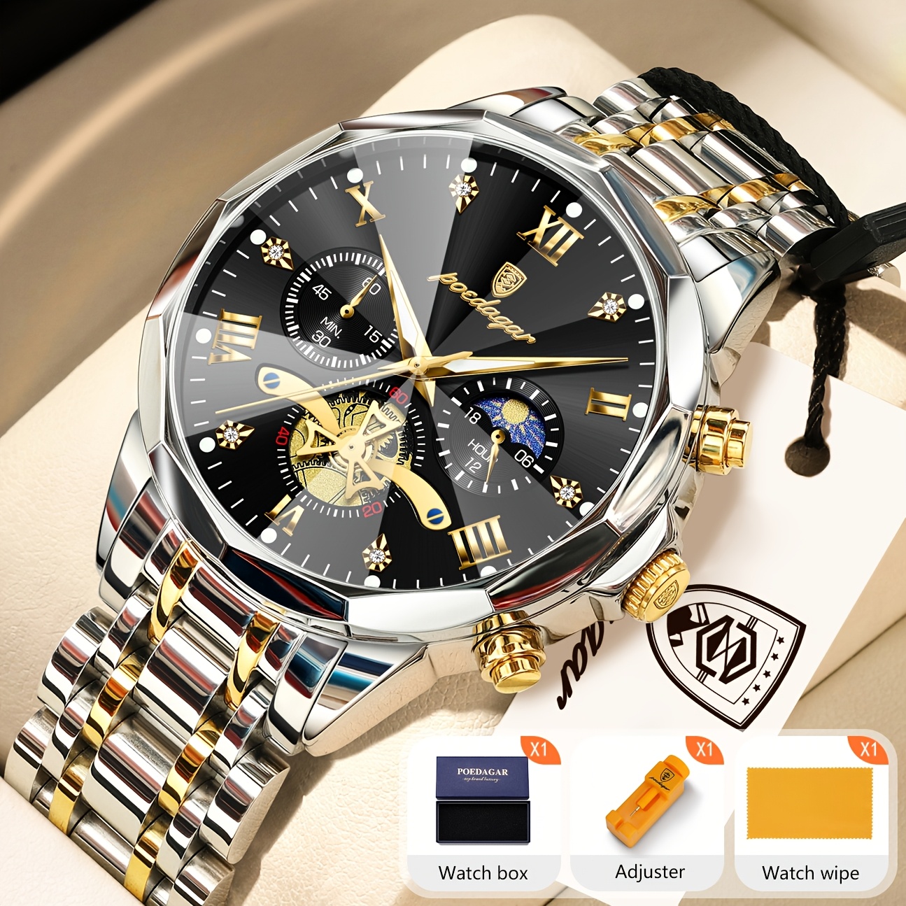 Luxe Stalen Band Herenhorloge Lichtgevend Waterdicht Chronograaf Dag En Nacht Display Heren Polshorloge - Afbeelding 4