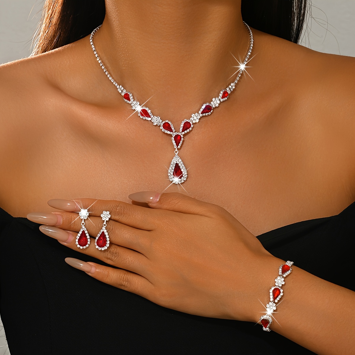 3-delige set luxe groene traanvormige sieraden voor dames, strass-ketting, oorbellen en armband, bruids- en trouwsieraden, geschikt voor gala-avonden, etentjes en kerstcadeaus - Afbeelding 5