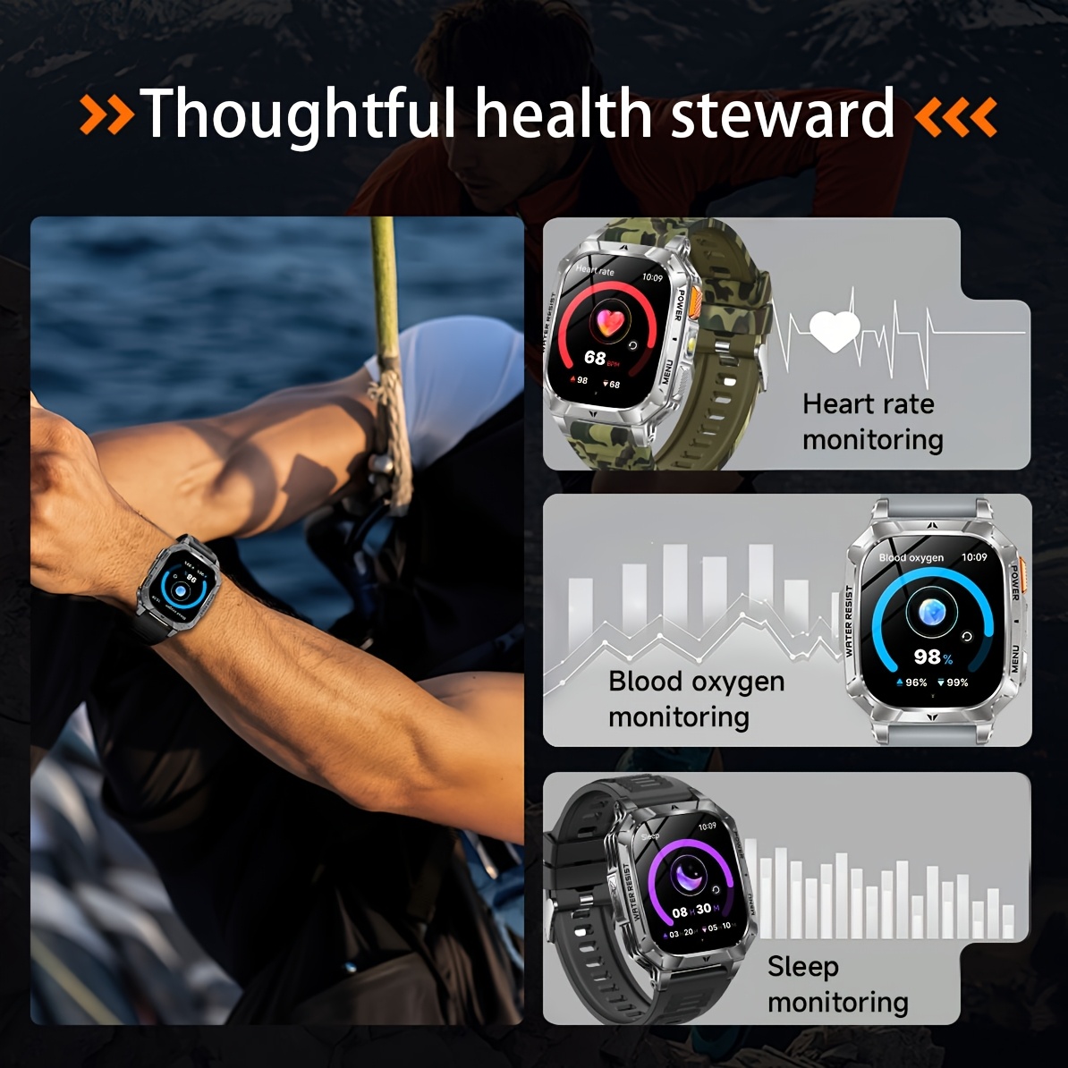 Heren Sport Smartwatch met 1400mAh Batterij & 120 Dagen Standby, 5.11cm Full-Touch HD Scherm, Dual-Color SOS LED Zaklamp (Rood+Wit), 120+ Sportmodi, IPX8 Waterdicht, Cadeau voor Hem - Afbeelding 12