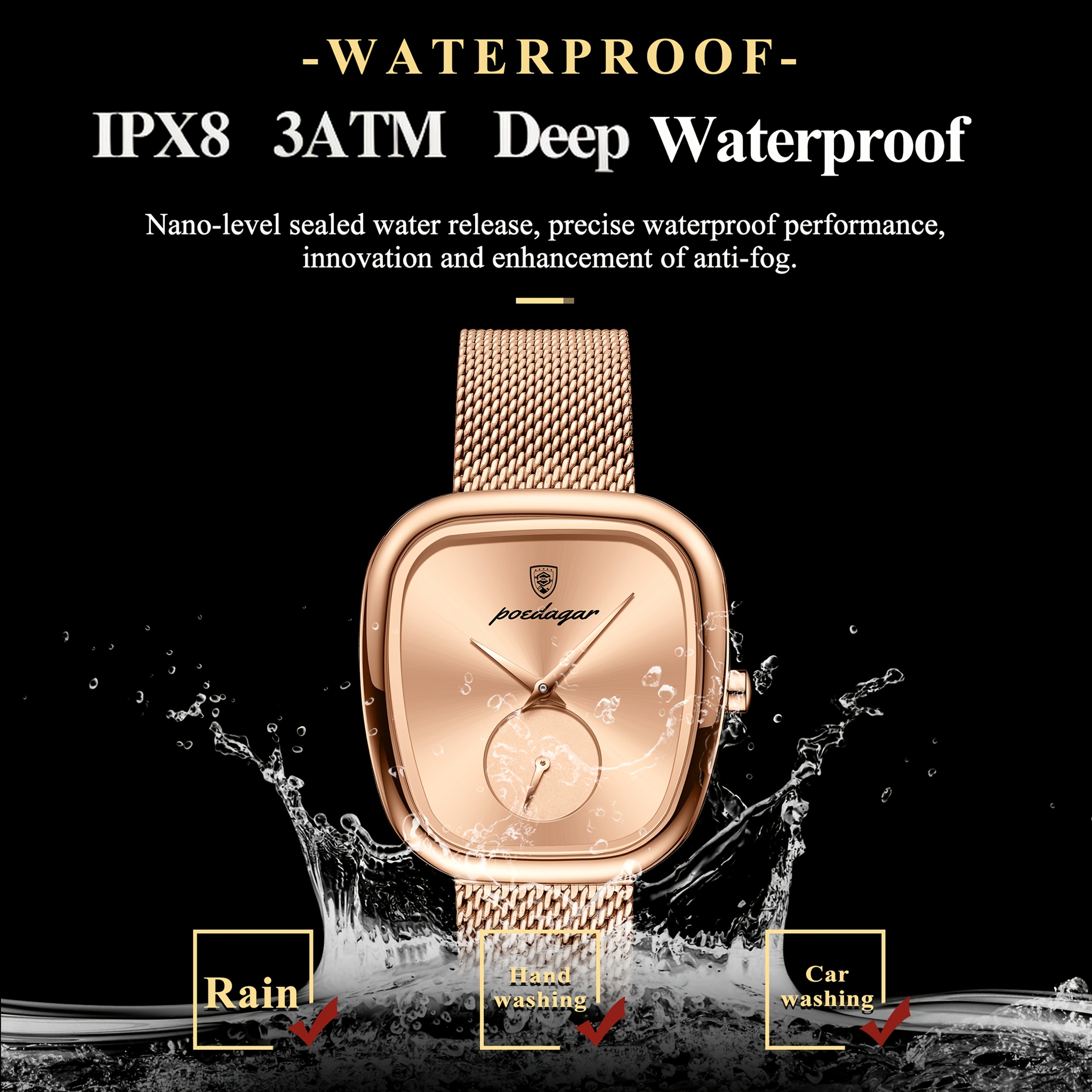 POEDAGAR Elegant Rozen Vierkant Horloge - Waterdicht Roestvrijstalen Mesh Band, Quartz Uurwerk Polshorloge met Zwarte Wijzerplaat & Rozen Wijzers, Geschikt voor Feesten, Casual & Zwemmen, 3ATM Tijdsmeter - Afbeelding 3