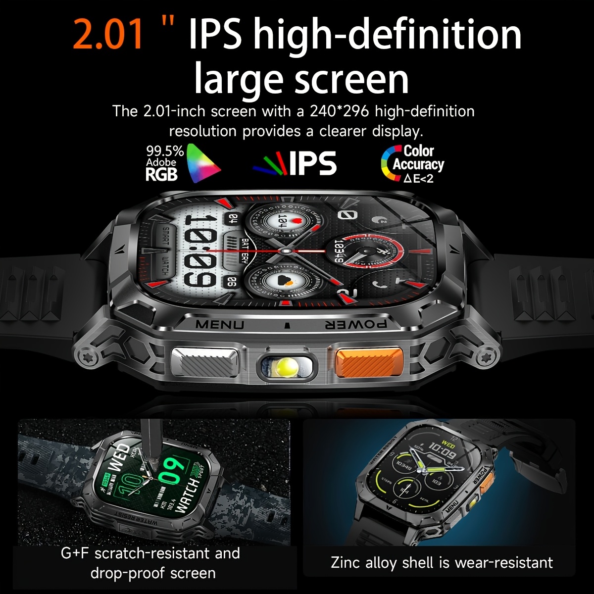 Heren Sport Smartwatch met 1400mAh Batterij & 120 Dagen Standby, 5.11cm Full-Touch HD Scherm, Dual-Color SOS LED Zaklamp (Rood+Wit), 120+ Sportmodi, IPX8 Waterdicht, Cadeau voor Hem - Afbeelding 6