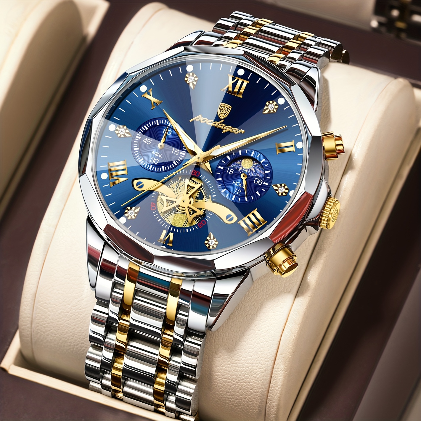 Luxe Stalen Band Herenhorloge Lichtgevend Waterdicht Chronograaf Dag En Nacht Display Heren Polshorloge - Afbeelding 13