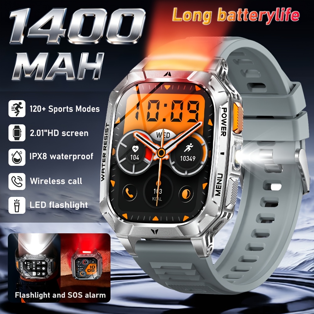 Heren Sport Smartwatch met 1400mAh Batterij & 120 Dagen Standby, 5.11cm Full-Touch HD Scherm, Dual-Color SOS LED Zaklamp (Rood+Wit), 120+ Sportmodi, IPX8 Waterdicht, Cadeau voor Hem - Afbeelding 5