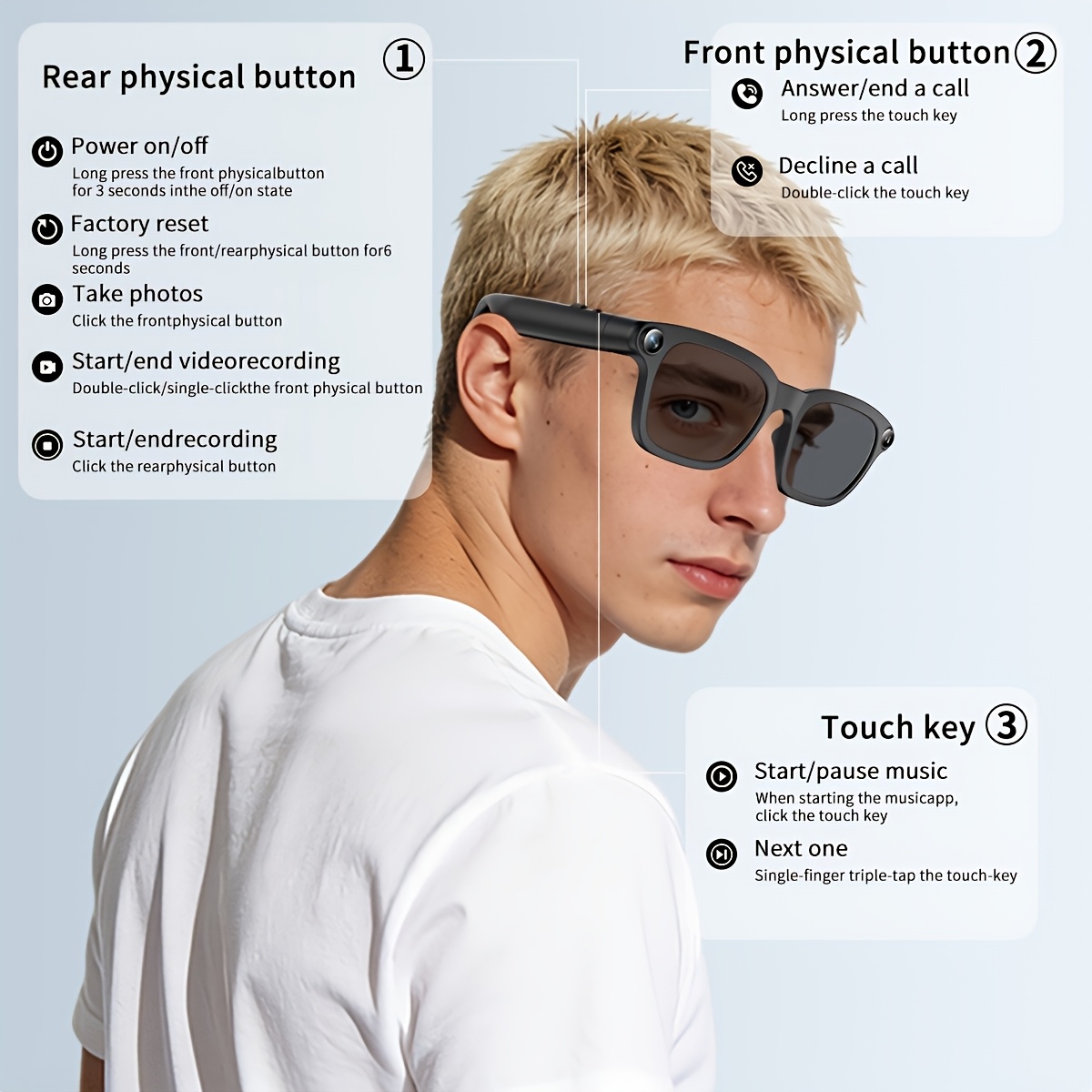 PEJE Slimme Bril met 800W Camera Compatibel voor Realtime Vertaling, AI Spraakassistent, Draadloos Bellen/Simultaan Tolken, Draadloos 5.4, Groot Geheugen, Spraak- & Ruisonderdrukking voor Reizen, Vloggen, Cadeaus - Afbeelding 7