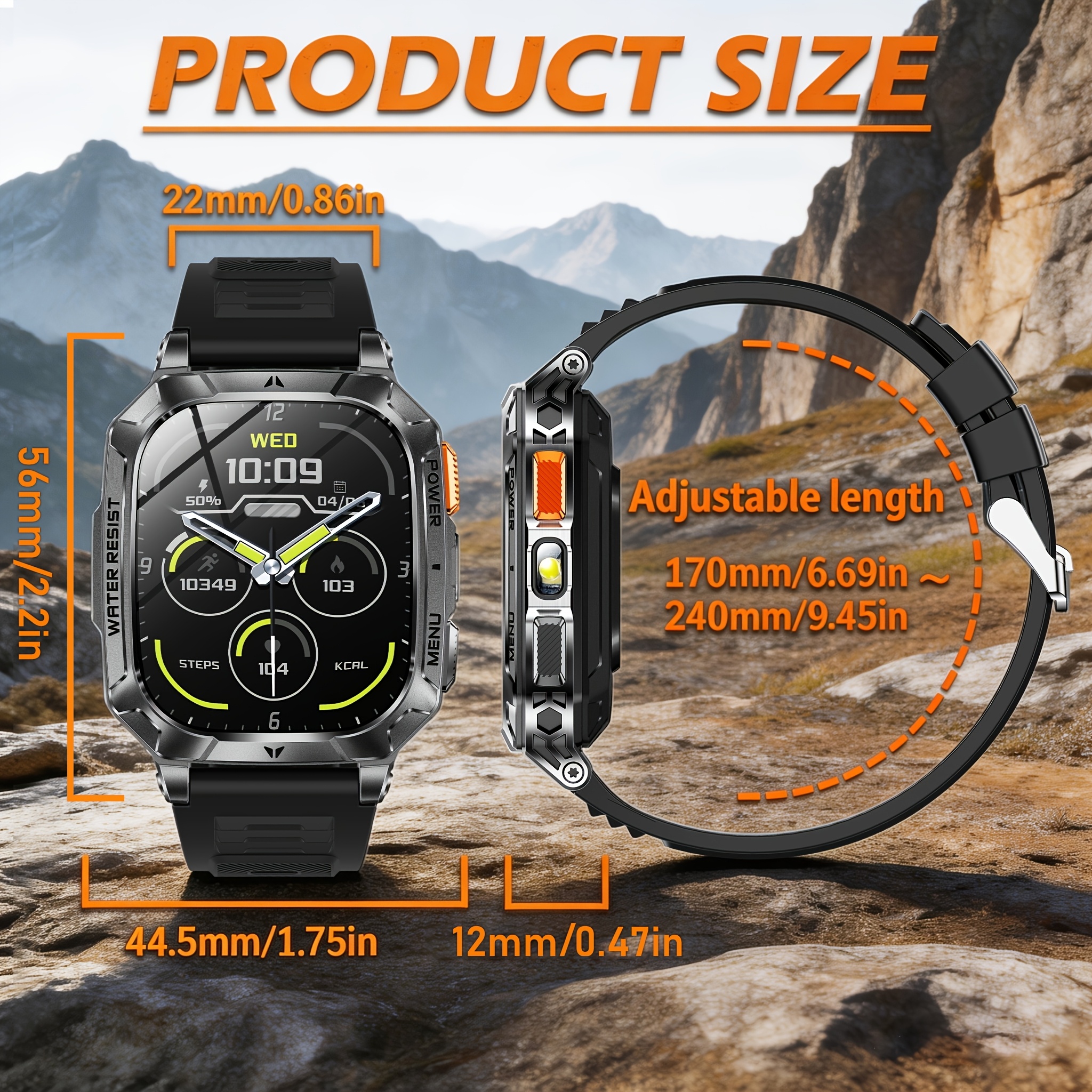 Heren Sport Smartwatch met 1400mAh Batterij & 120 Dagen Standby, 5.11cm Full-Touch HD Scherm, Dual-Color SOS LED Zaklamp (Rood+Wit), 120+ Sportmodi, IPX8 Waterdicht, Cadeau voor Hem - Afbeelding 2
