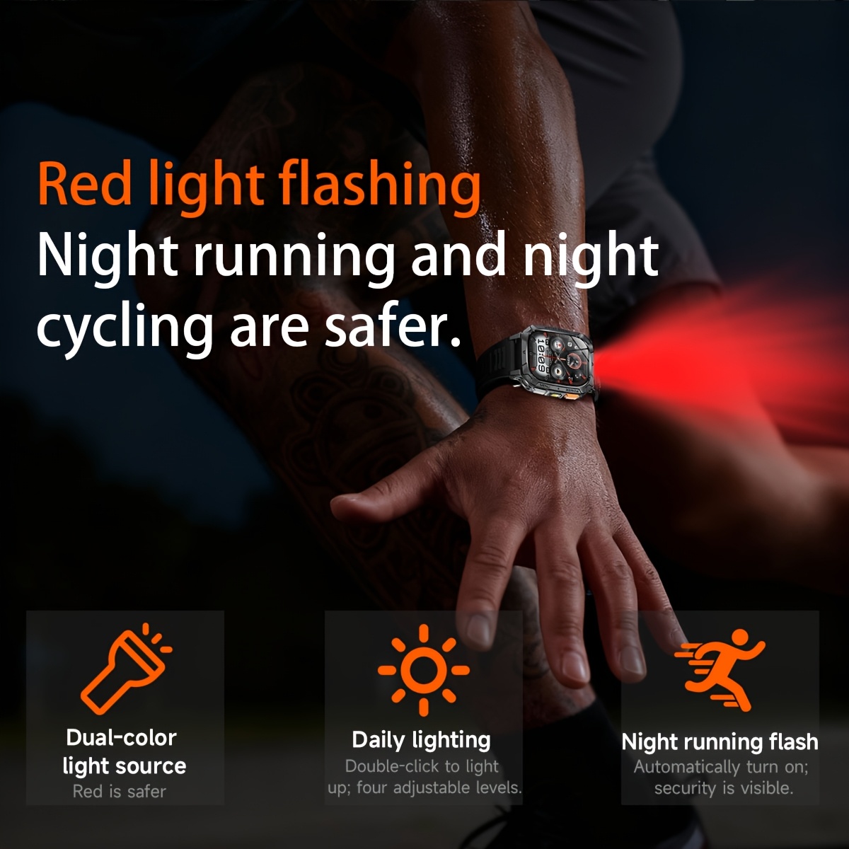 Heren Sport Smartwatch met 1400mAh Batterij & 120 Dagen Standby, 5.11cm Full-Touch HD Scherm, Dual-Color SOS LED Zaklamp (Rood+Wit), 120+ Sportmodi, IPX8 Waterdicht, Cadeau voor Hem - Afbeelding 10