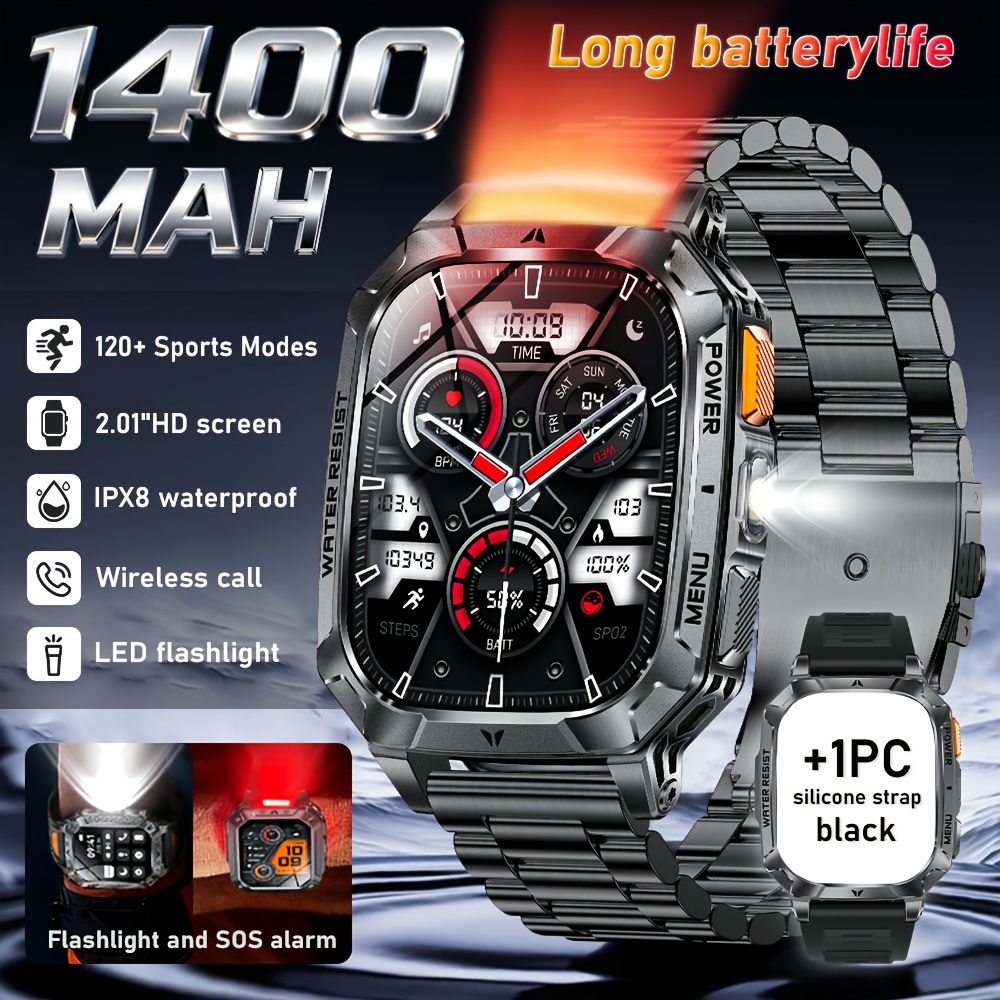 Heren Sport Smartwatch met 1400mAh Batterij & 120 Dagen Standby, 5.11cm Full-Touch HD Scherm, Dual-Color SOS LED Zaklamp (Rood+Wit), 120+ Sportmodi, IPX8 Waterdicht, Cadeau voor Hem - Afbeelding 7