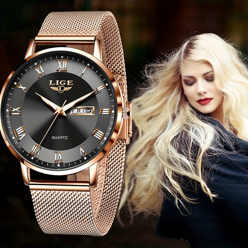 LIGE Dames Elegant Roestvrij Quartz Analoog Horloge met Datumkalender, Quartz Polshorloge Geschikt voor Dagelijks Gebruik - Tijdsmeter, Valentijnscadeau voor Vrouwen & Mannen (Merk) - Afbeelding 10