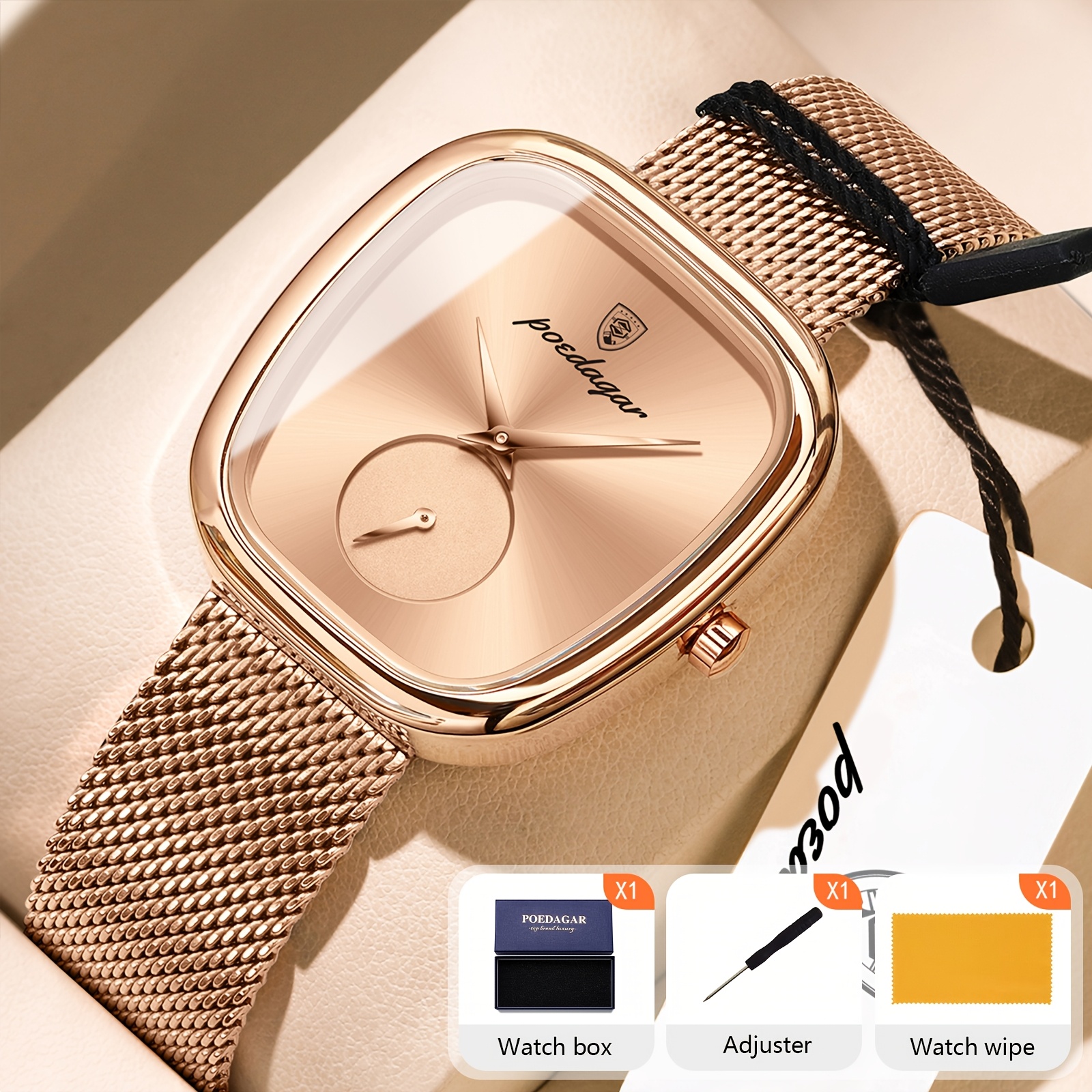 POEDAGAR Elegant Rozen Vierkant Horloge - Waterdicht Roestvrijstalen Mesh Band, Quartz Uurwerk Polshorloge met Zwarte Wijzerplaat & Rozen Wijzers, Geschikt voor Feesten, Casual & Zwemmen, 3ATM Tijdsmeter - Afbeelding 17