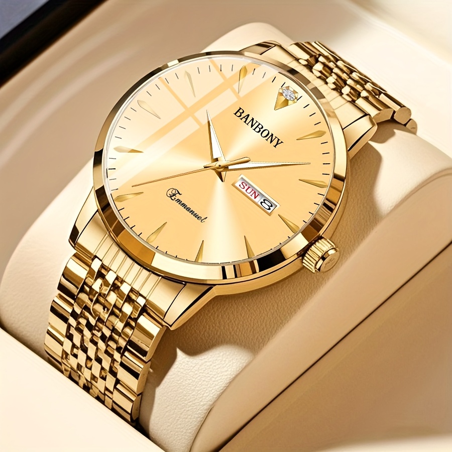 Nieuwe Banbony Unisex Roestvrijstalen Quartz Horloge met Strass-accenten, Waterbestendig IPX7, Strakke HD-wijzerplaat, Datumweergave, Goudkleurige Afwerking - Ideaal voor Vrijetijdskleding, Feestjes en Cadeaus - Afbeelding 6