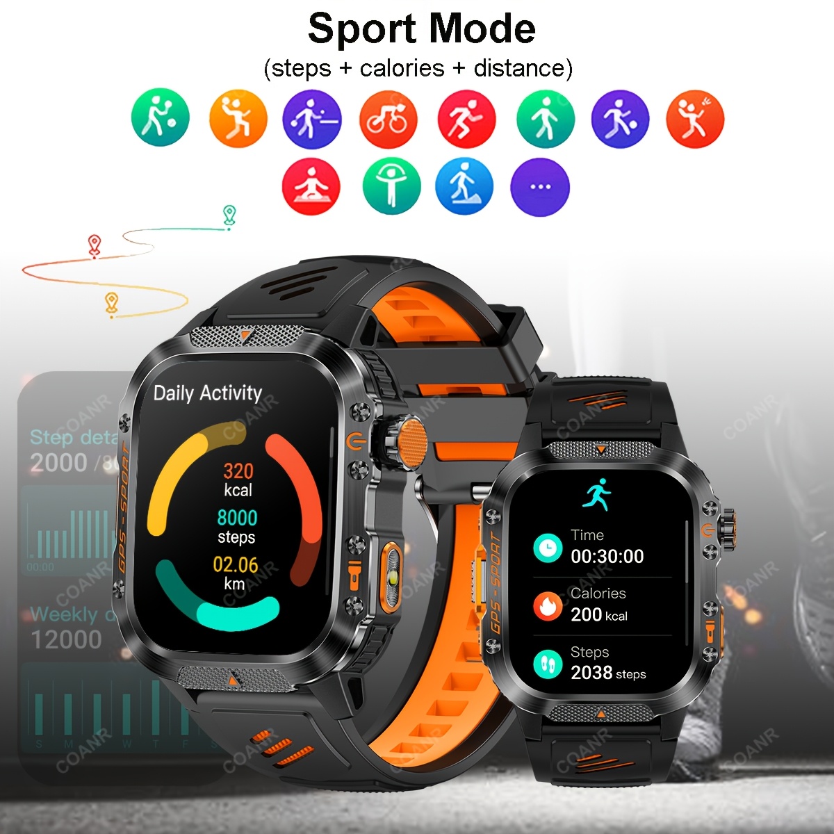 GPS Outdoor Sport Smartwatch met Draadloos Bellen, 540mAh Grote Batterij, 2.01-Inch Scherm, 100+ Sportmodi, Kompas, Weersvoorspelling, Bericht Herinnering, Preferred Square GPS Horloge, Ondersteunt iPhone/Android - Afbeelding 10