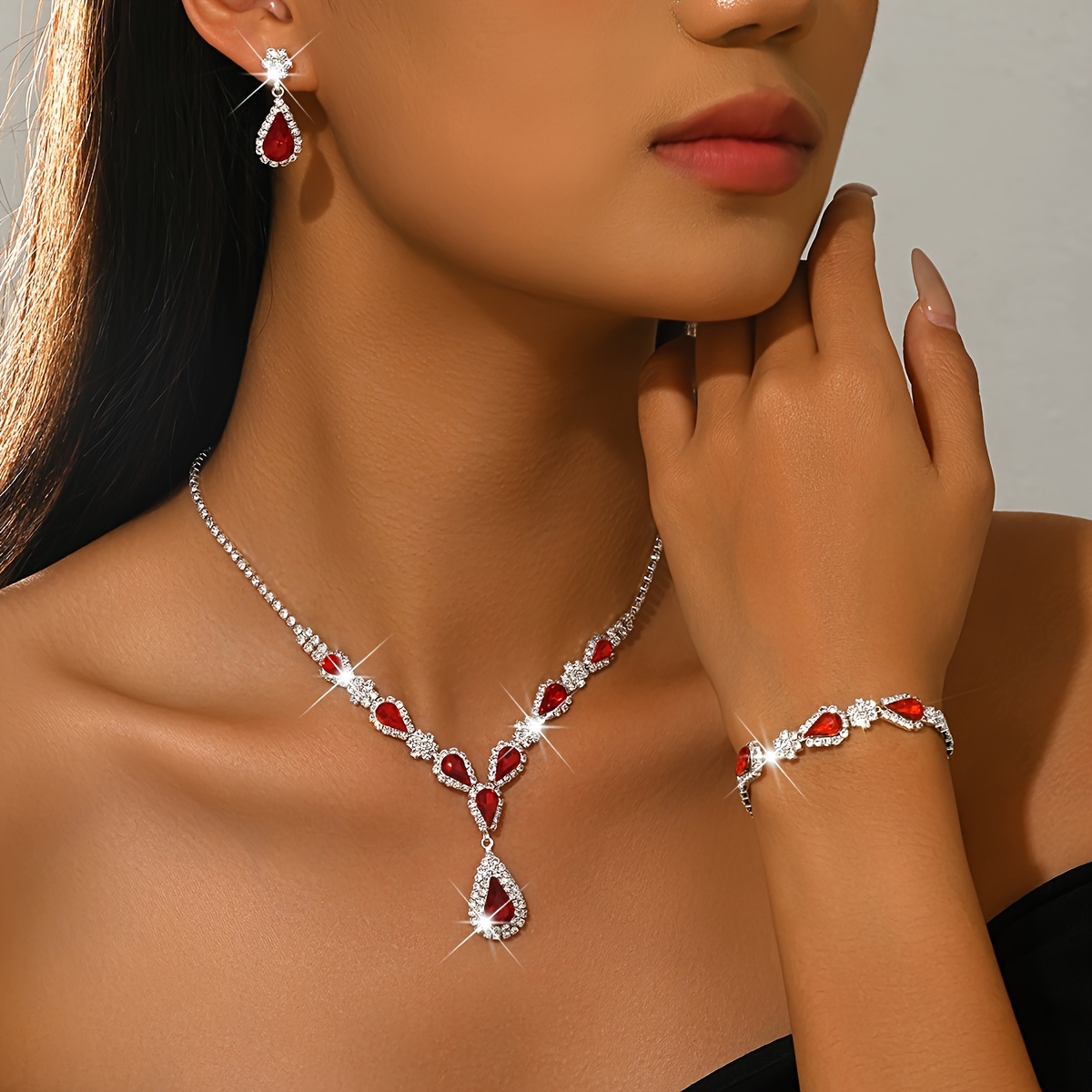 3-delige set luxe groene traanvormige sieraden voor dames, strass-ketting, oorbellen en armband, bruids- en trouwsieraden, geschikt voor gala-avonden, etentjes en kerstcadeaus - Afbeelding 9